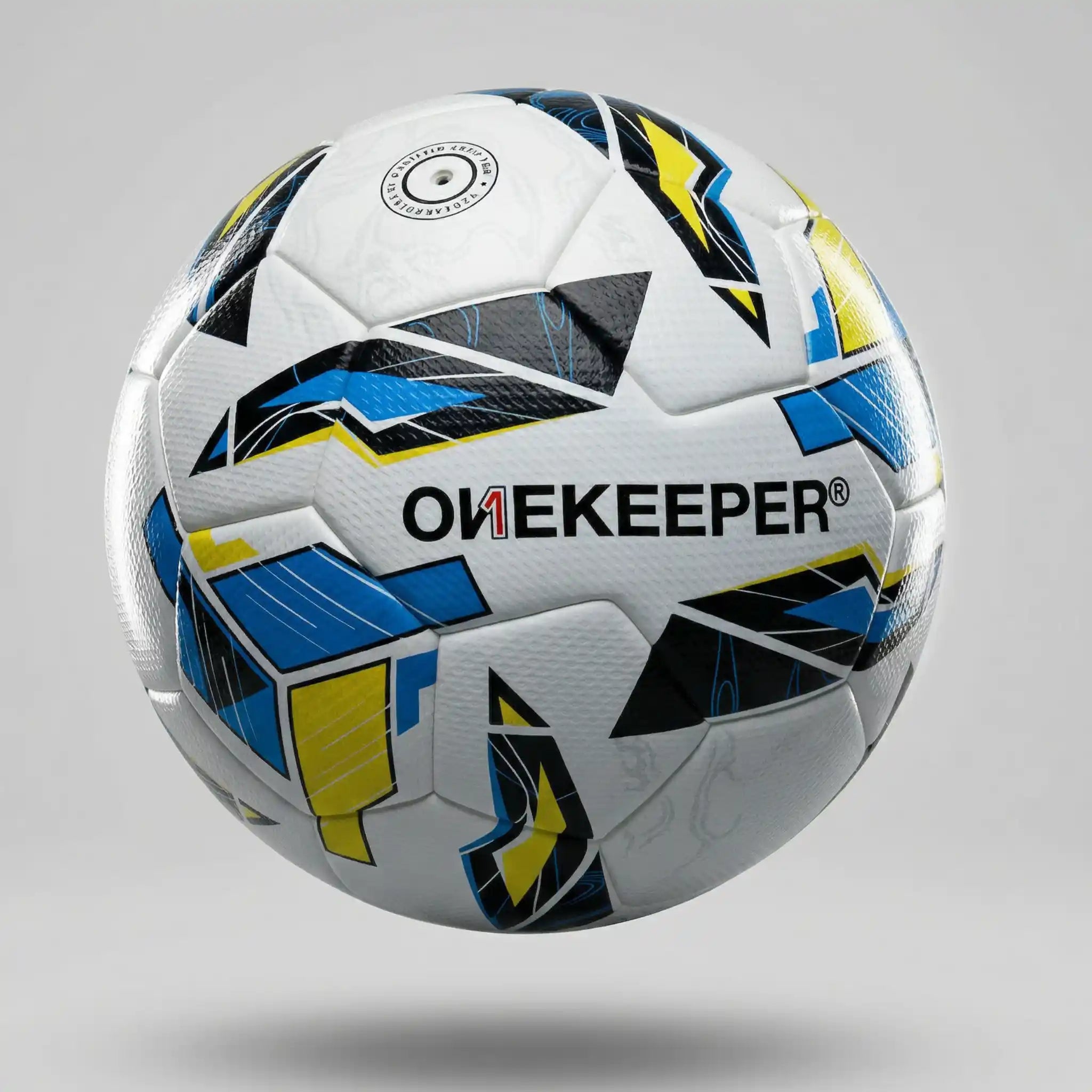 Soccer ball with colorful pattern and 'ONEKEEPER' branding on a gray background