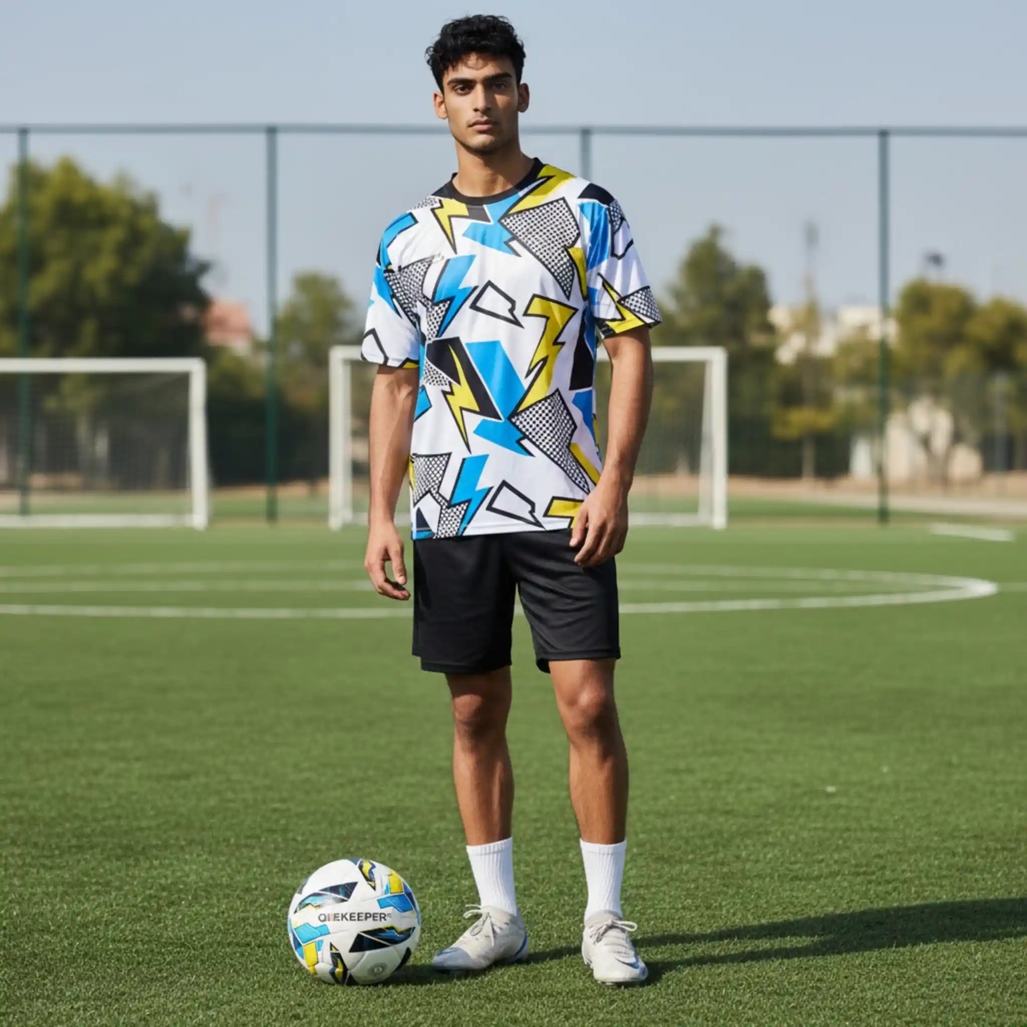 Person wearing a colorful soccer jersey on a soccer field with a oneekeper soccer ball