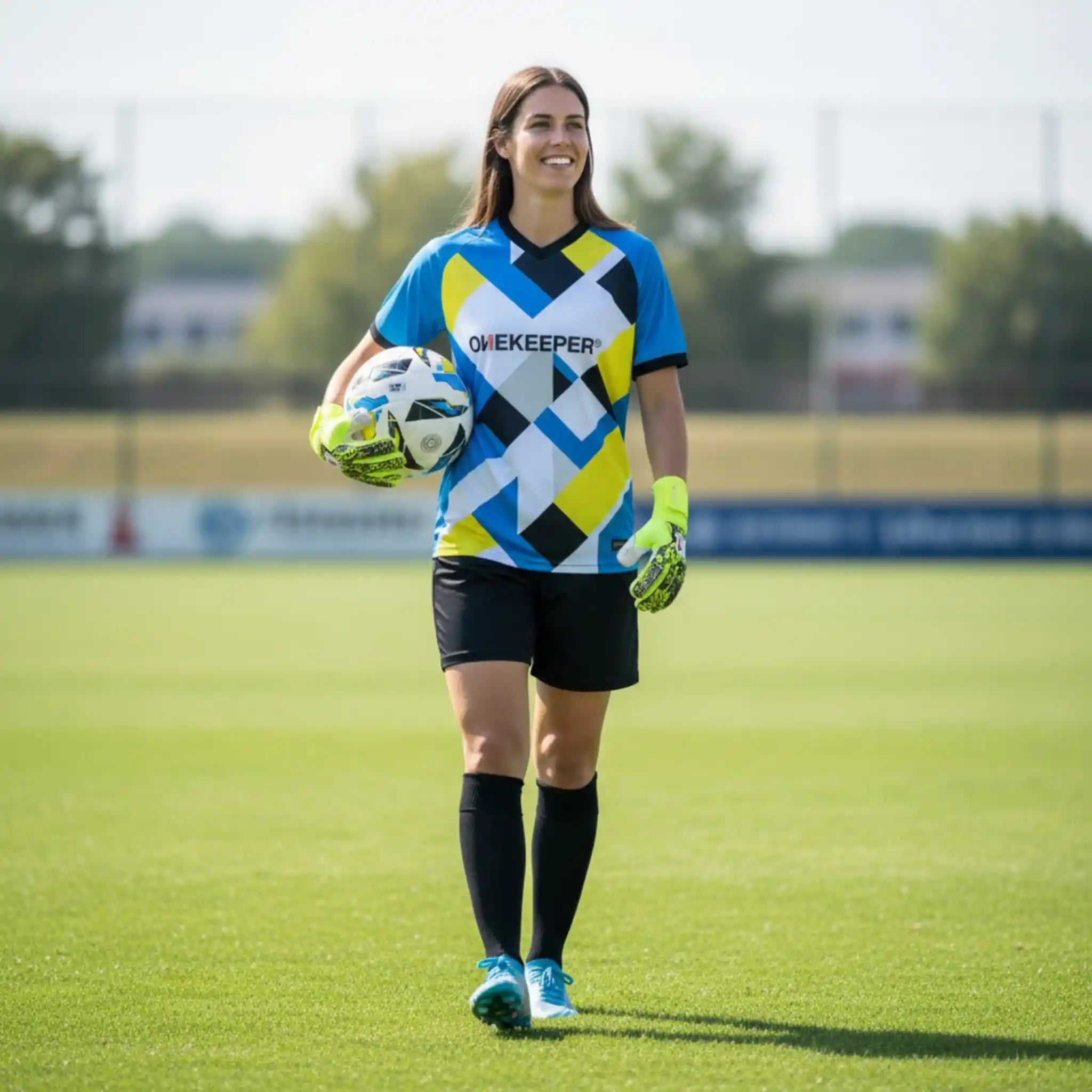 Woman in a colorful soccer goalkeeper jersey holding gloves and a onekeeper ball on a soccer field.