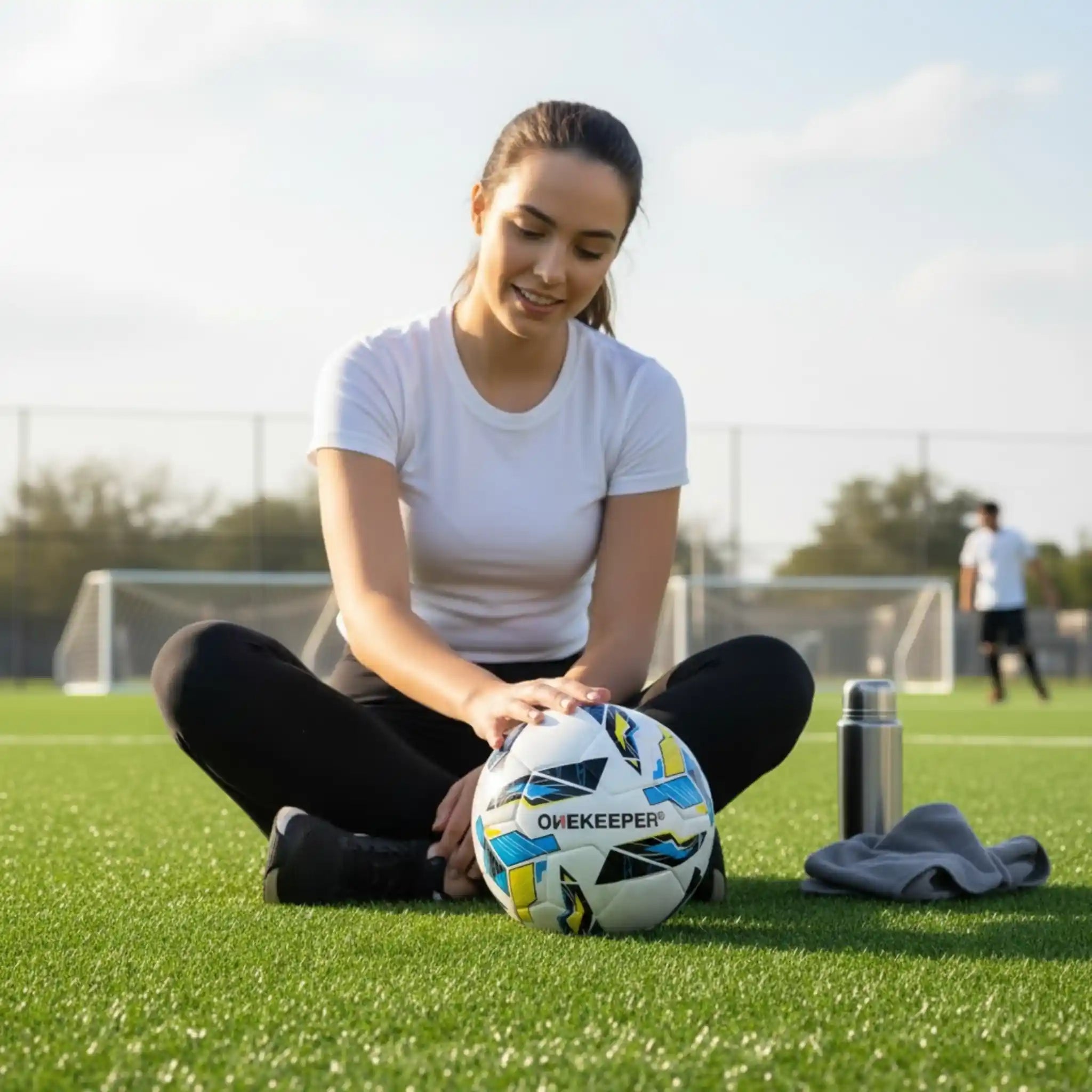 Woman sitting on a soccer field with a soccer onekeeper ball, holding a thermos.