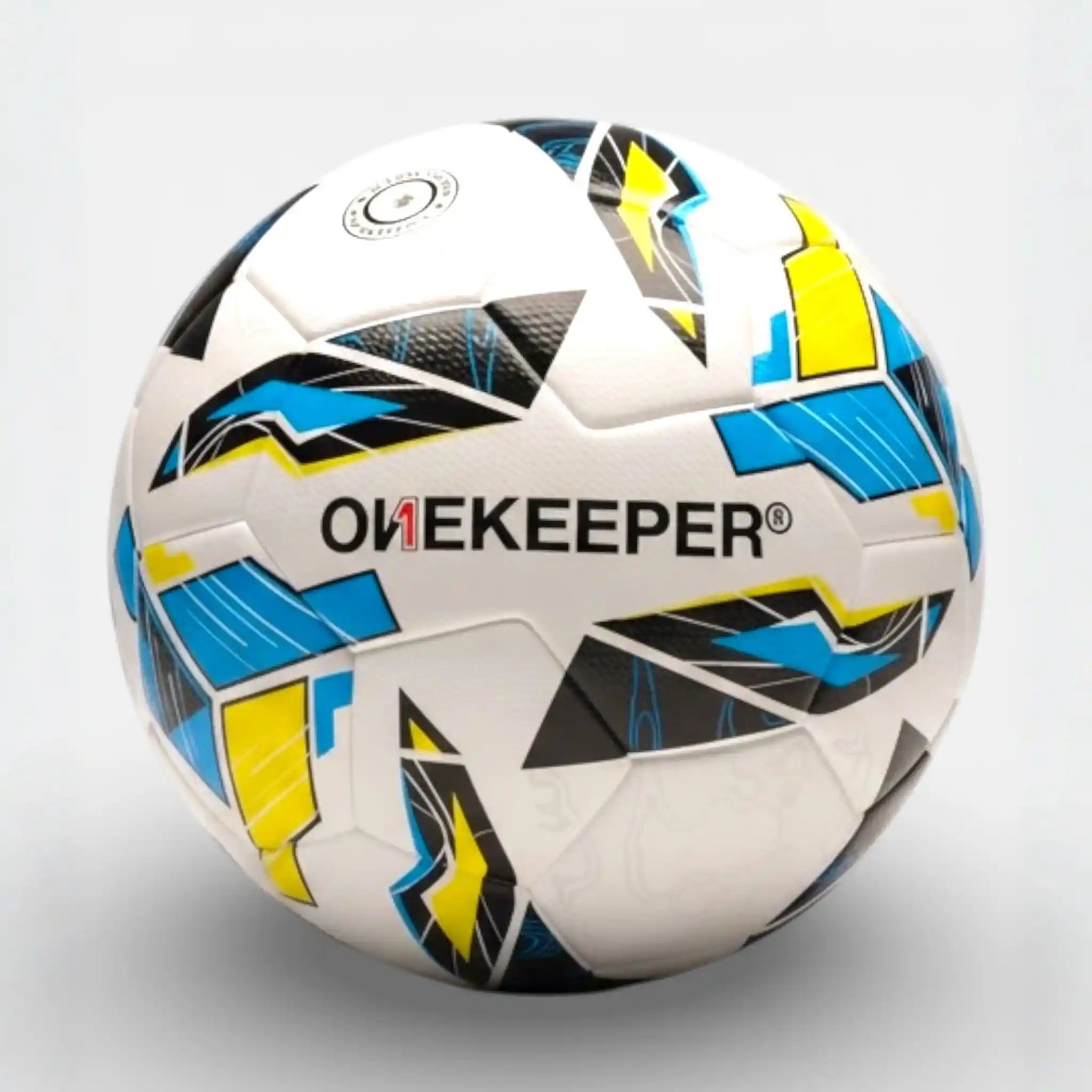 White onekeeper soccer ball with blue, yellow, and black patterns on a light gray background, featuring the Onekeeper brand.