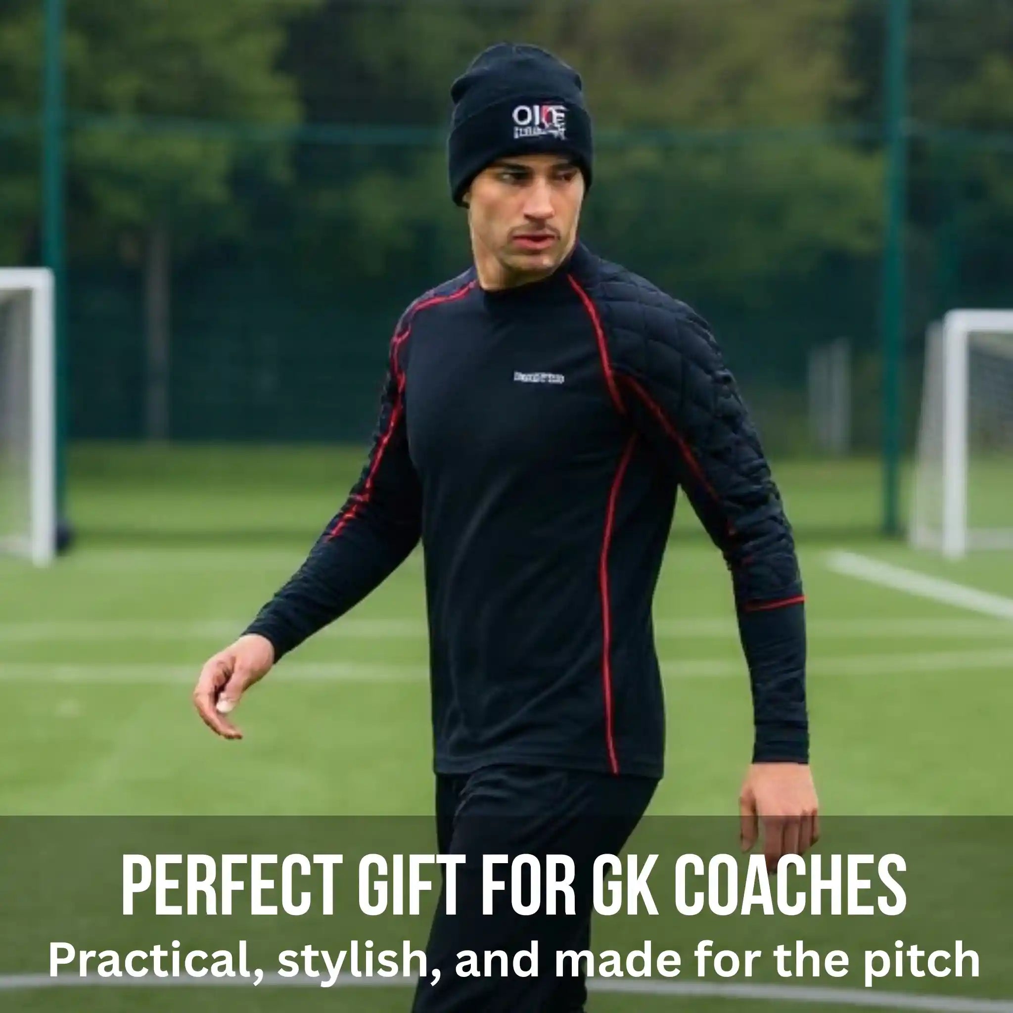 Man wearing sports attire witha. onekeeper beani on a soccer field with text about a gift for goalkeepers.
