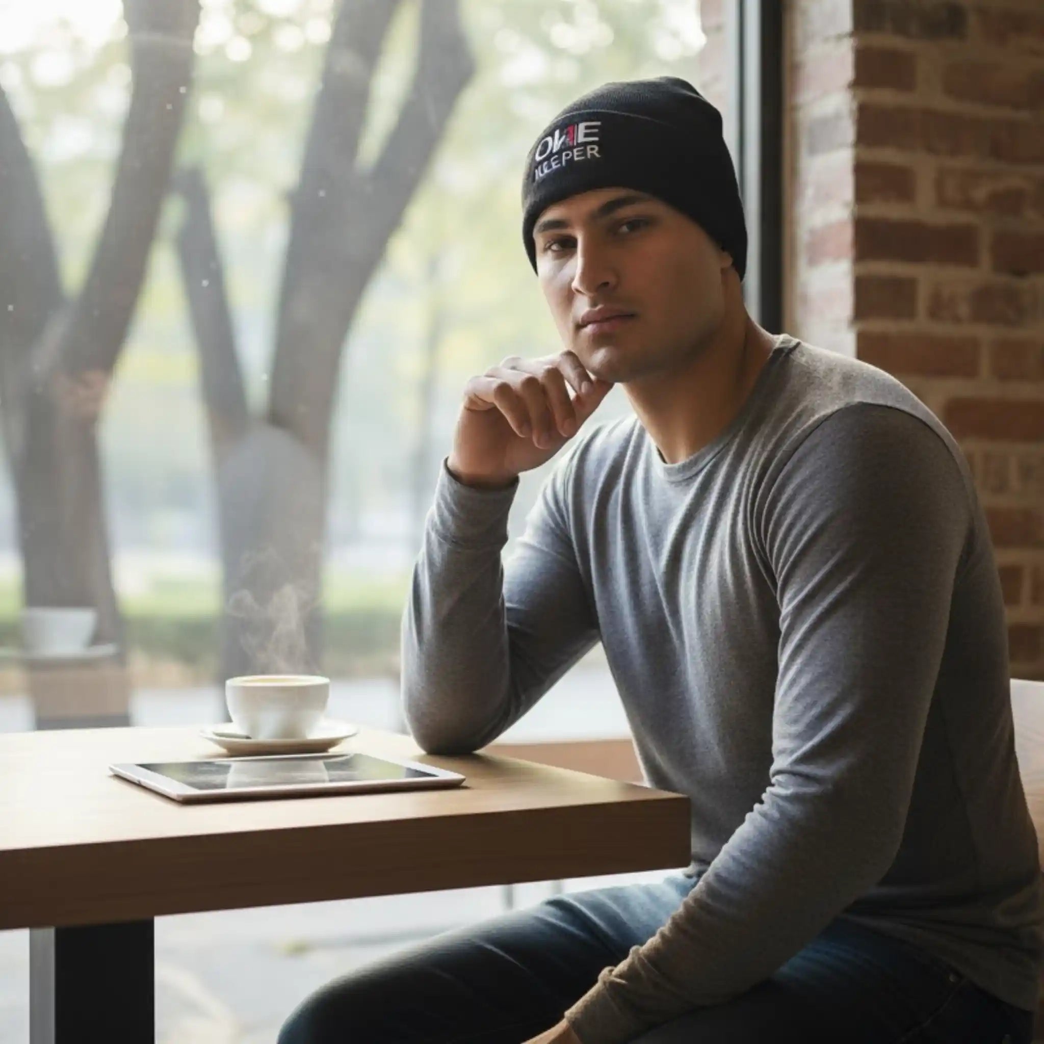 Man sitting at a table with a tablet and cup of coffee, wearing a onekeeper beanie.