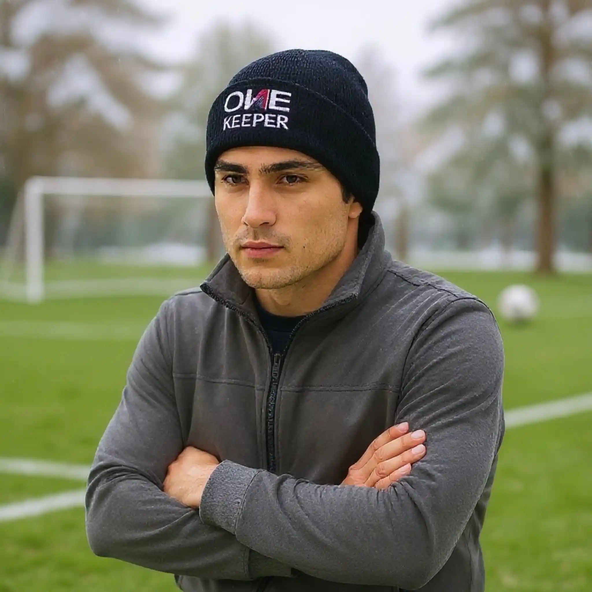 Man wearing a 'ONE KEEPER' beanie on a soccer field