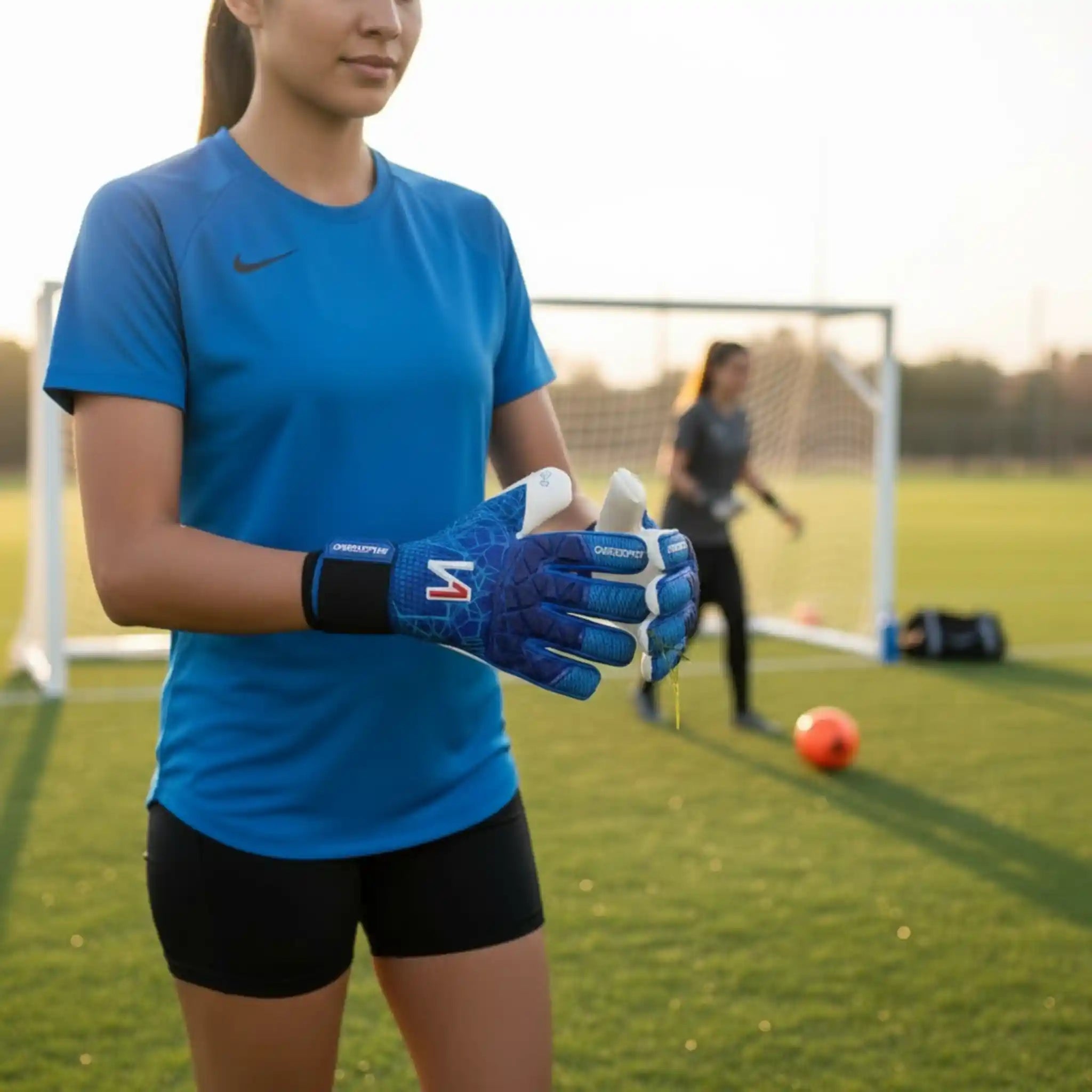Person wearing onekeeper c-tec aqua blue sports attire and gloves on a soccer field