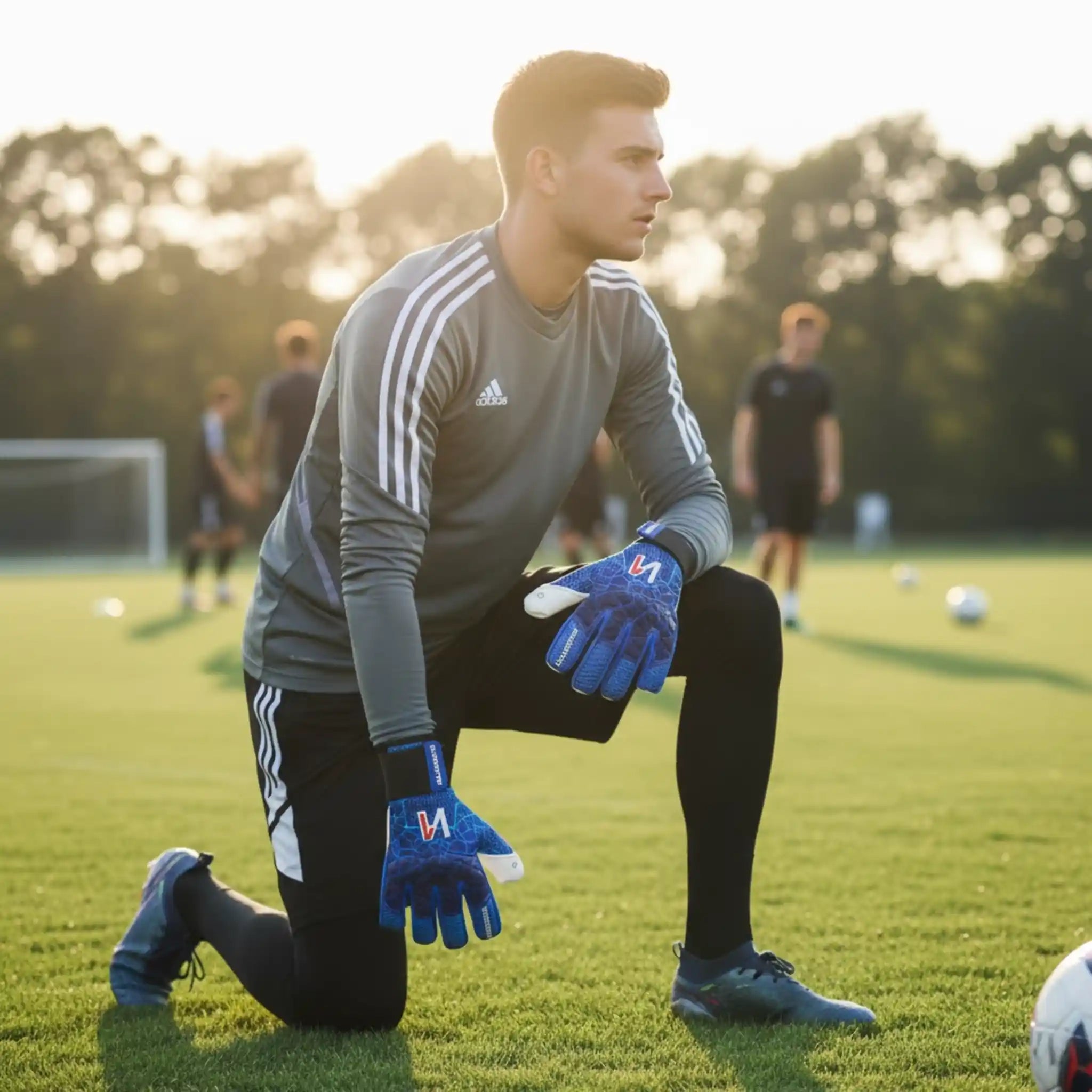 Man on a soccer field wearing onekeeper c-tec aqua gloves