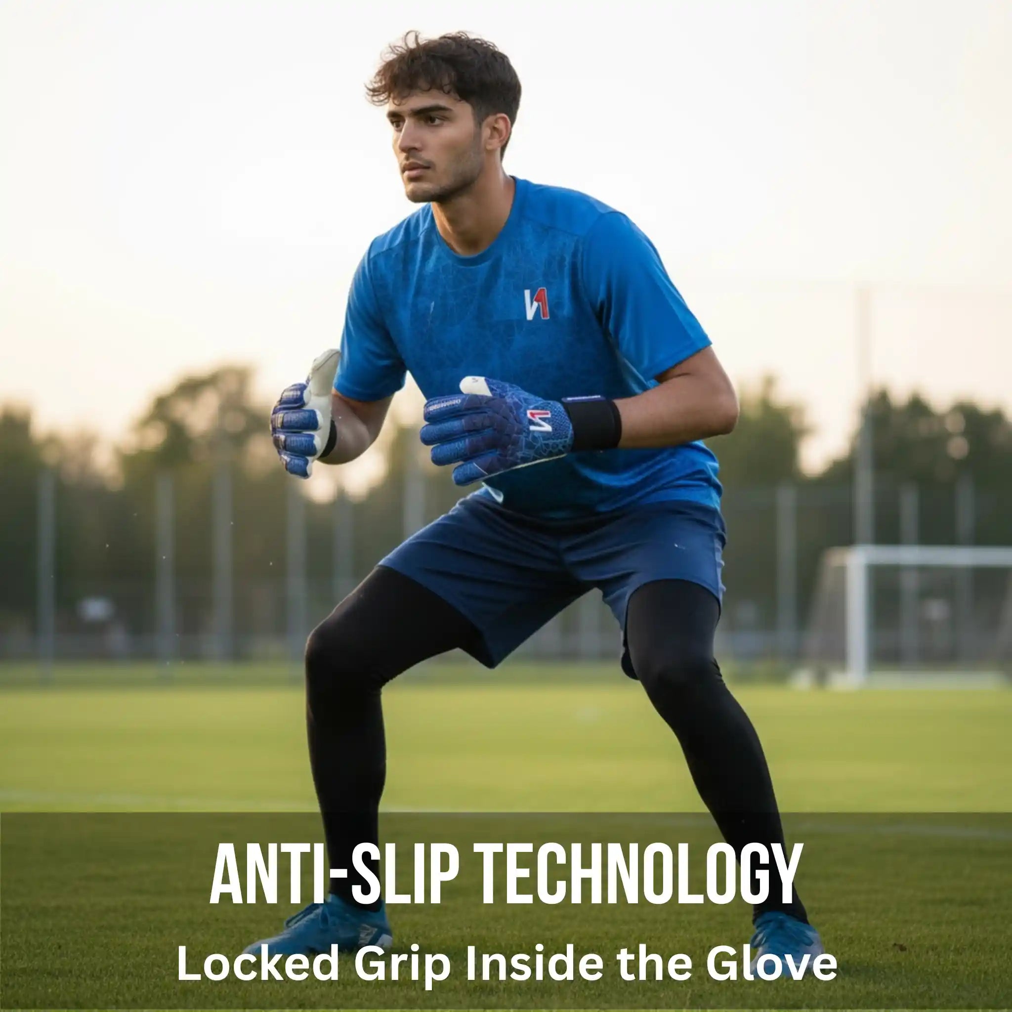 Person on a soccer field wearing a ONEKEEPER C-TEC Aqua blue gloves with anti-slip technology text