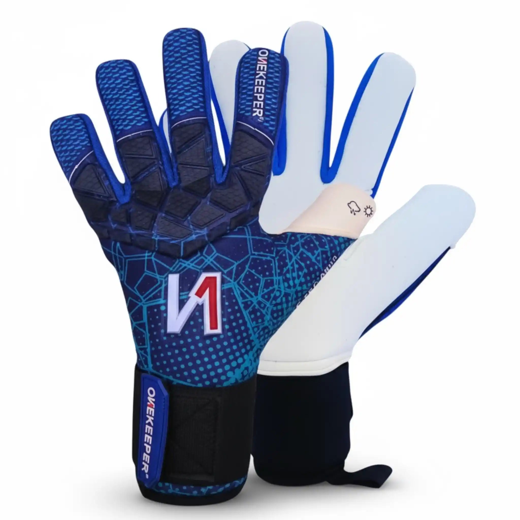 ONEKEEPER C-TEC AQUA Blue and white goalkeeper gloves with a visible brand logo on a white background