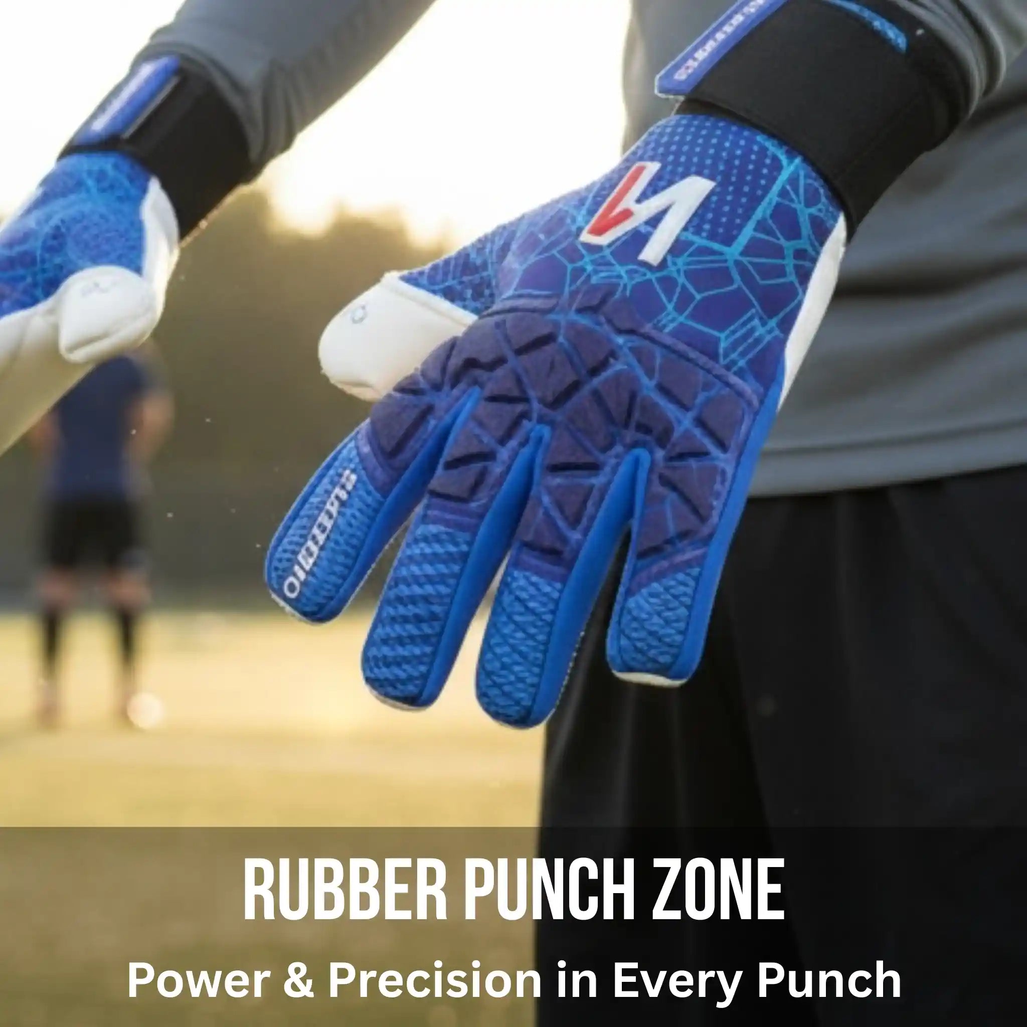 onekeeper c-tec aqua gloves with brand logo on a blurred sports field background