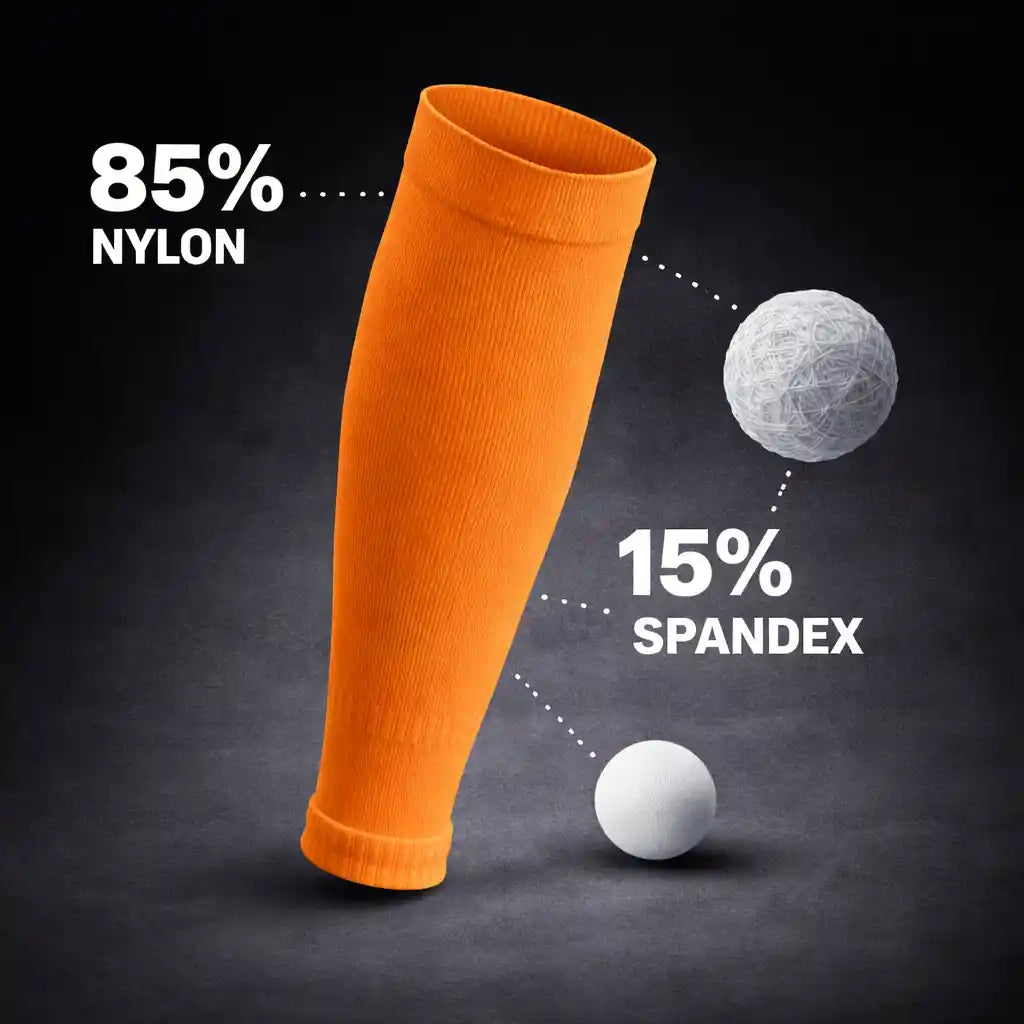 onekeeper Orange compression sock with text indicating material composition on a dark background