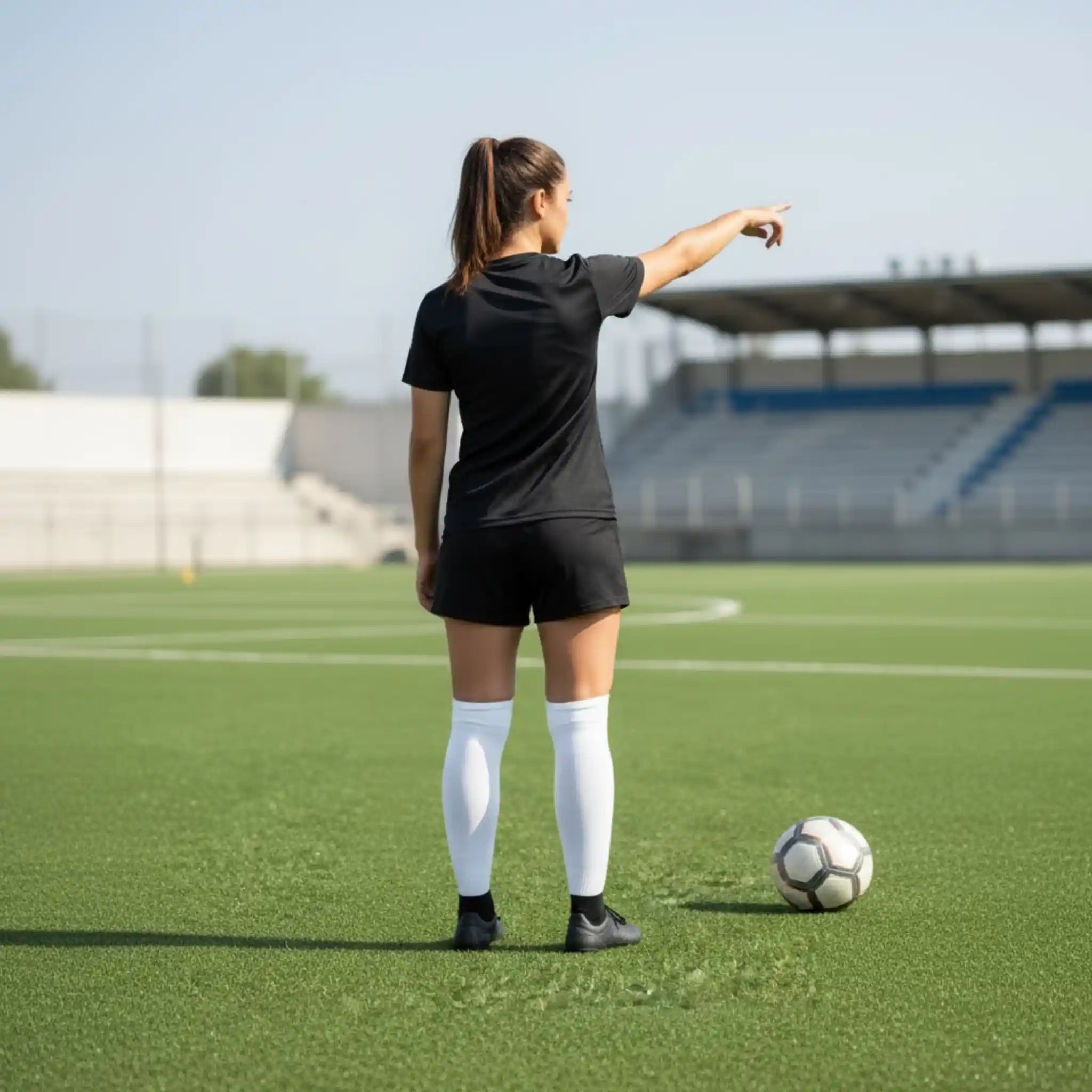 Person in black sports attire standing on a soccer field with a ball