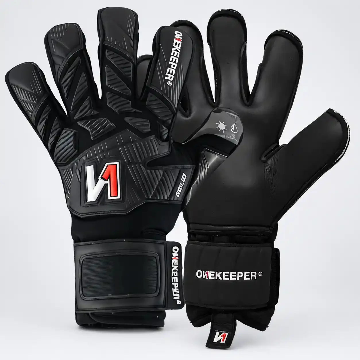 Black youth goalkeeper gloves with durable grip, pro-level design for ages 6-16, featuring secure wrist strap and finger protection