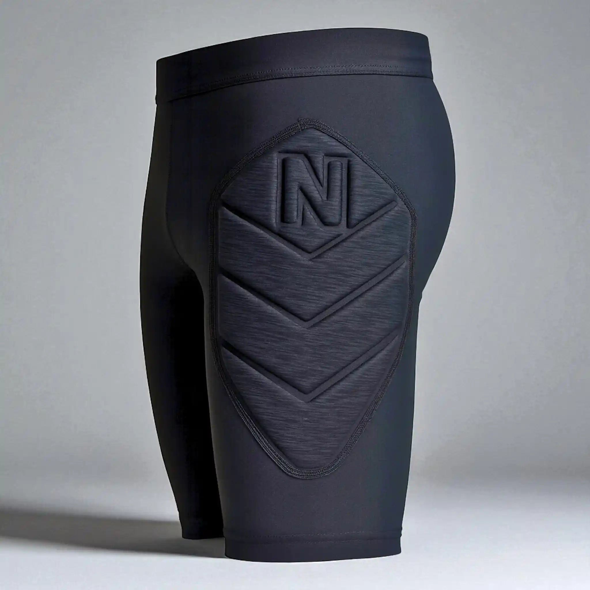 Black protective shorts with a logo on a gray background