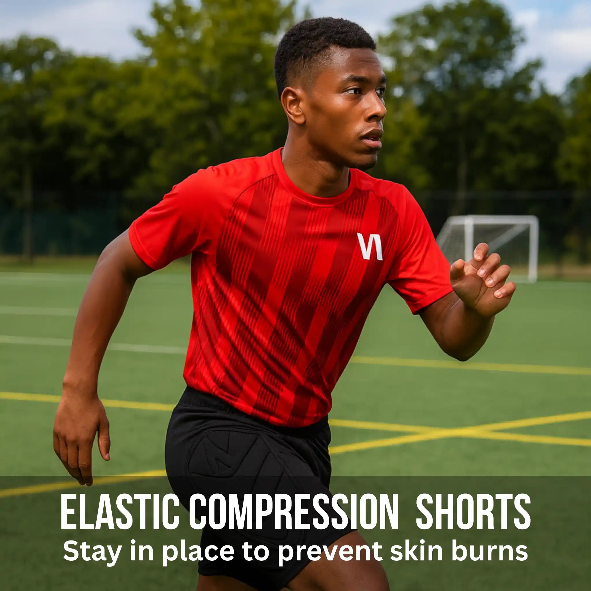 Person wearing a red sports jersey and black onekeeper compression padded shorts on a sports field with text about elastic compression shorts.