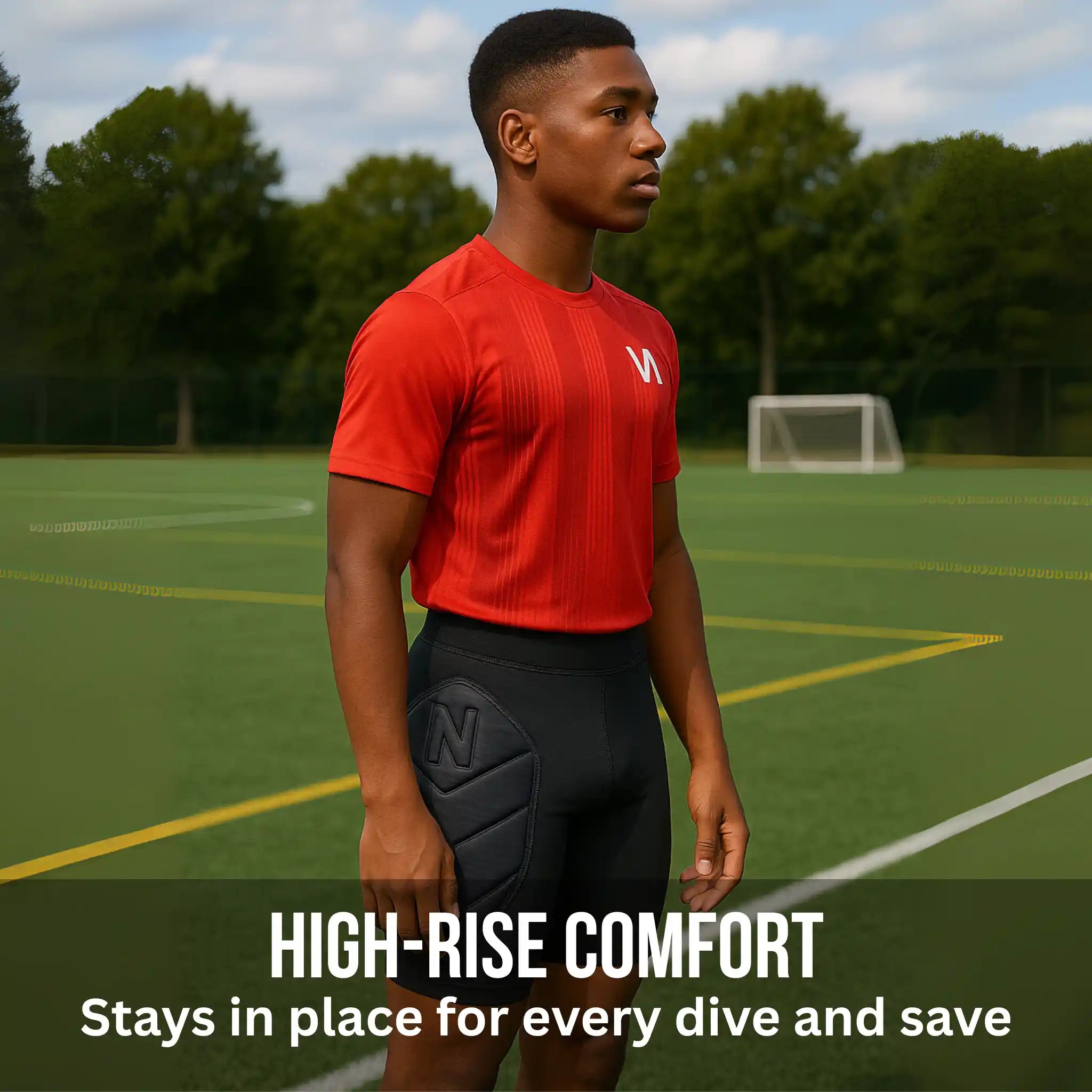 Person wearing a red sports jersey and black onekeeper compression padded short high-rise shorts on a soccer field with text about comfort.