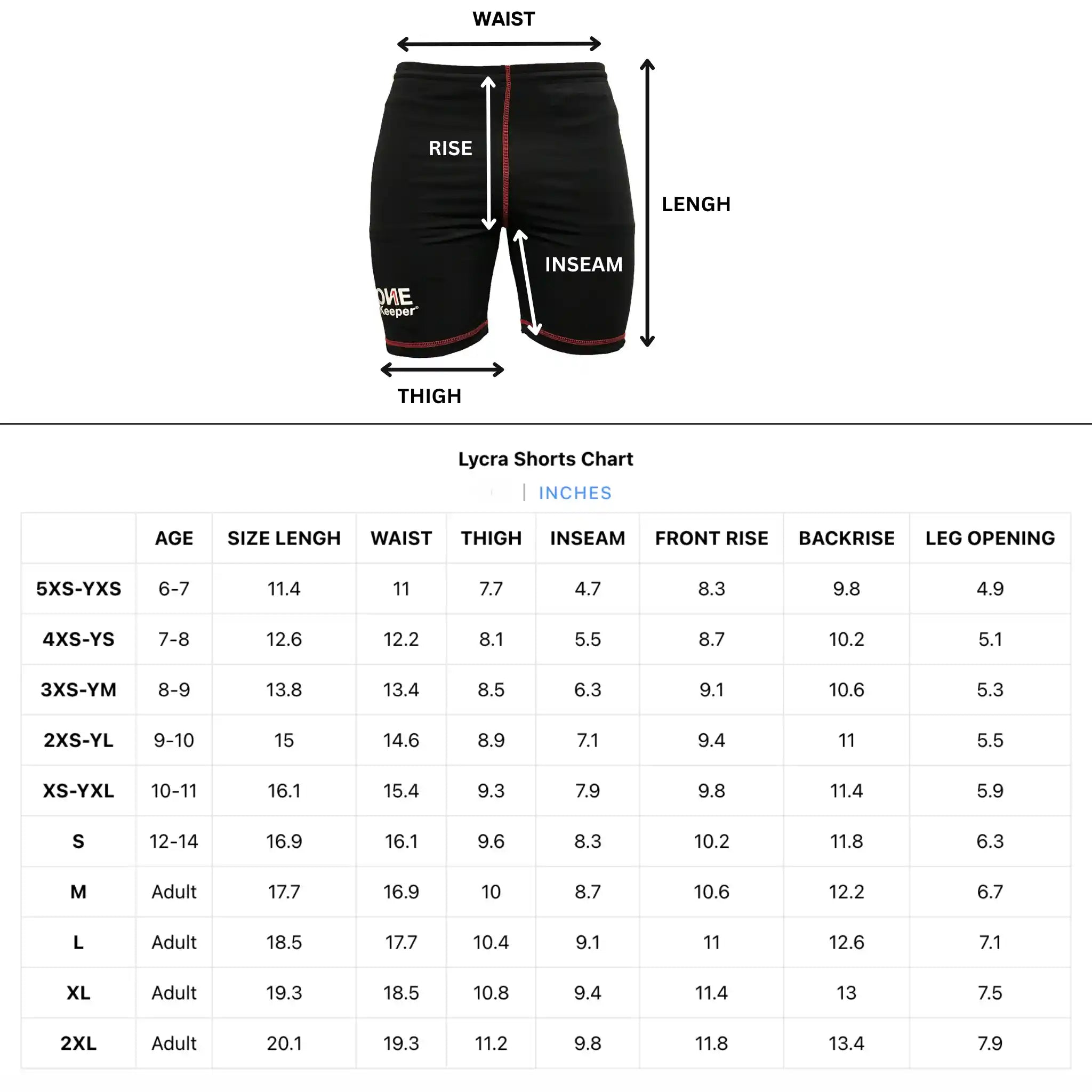 Measurement chart for lycra shorts with labeled parts and size chart.