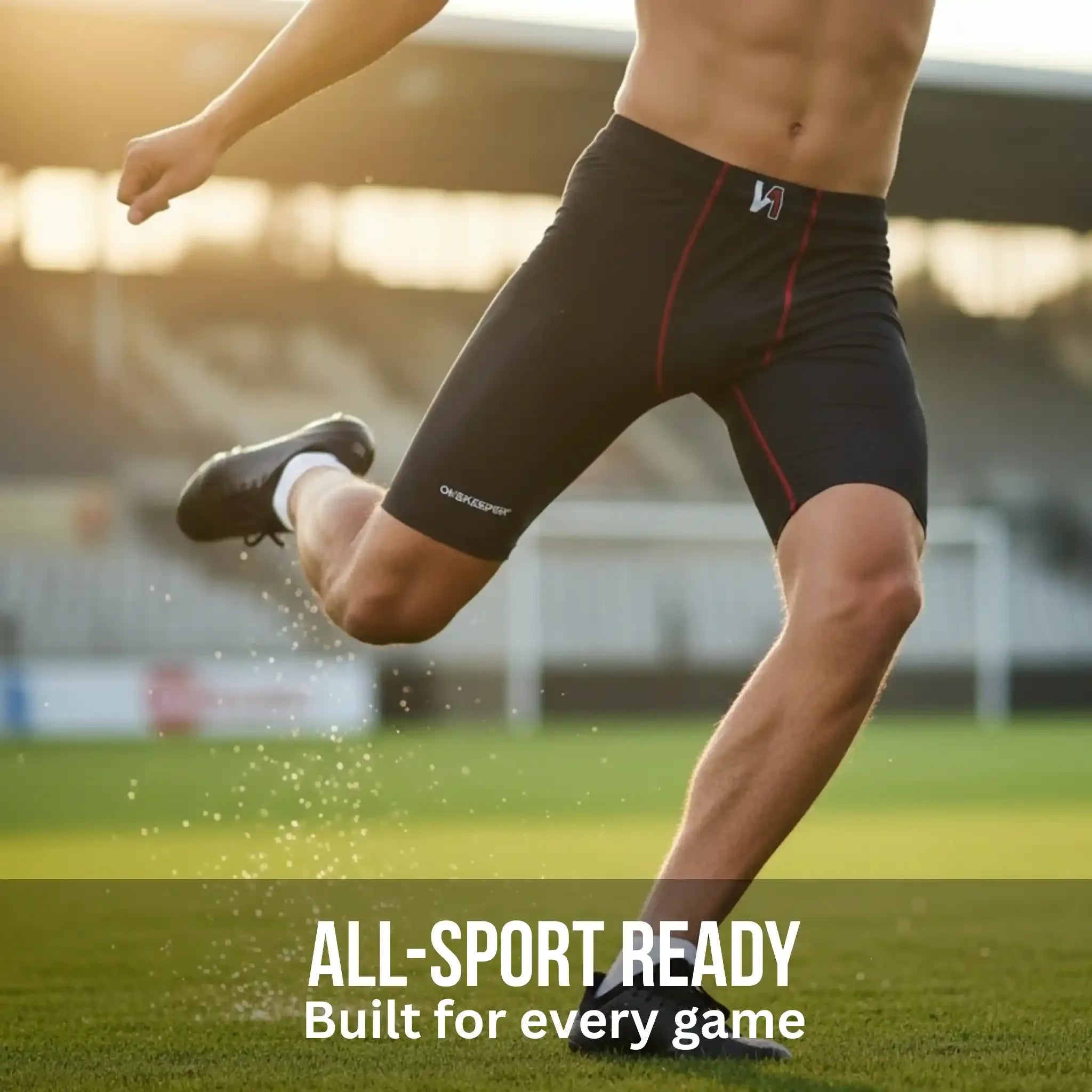 Person wearing black onekeeper compression shorts on a sports field with 'All-Sport Ready' text.
