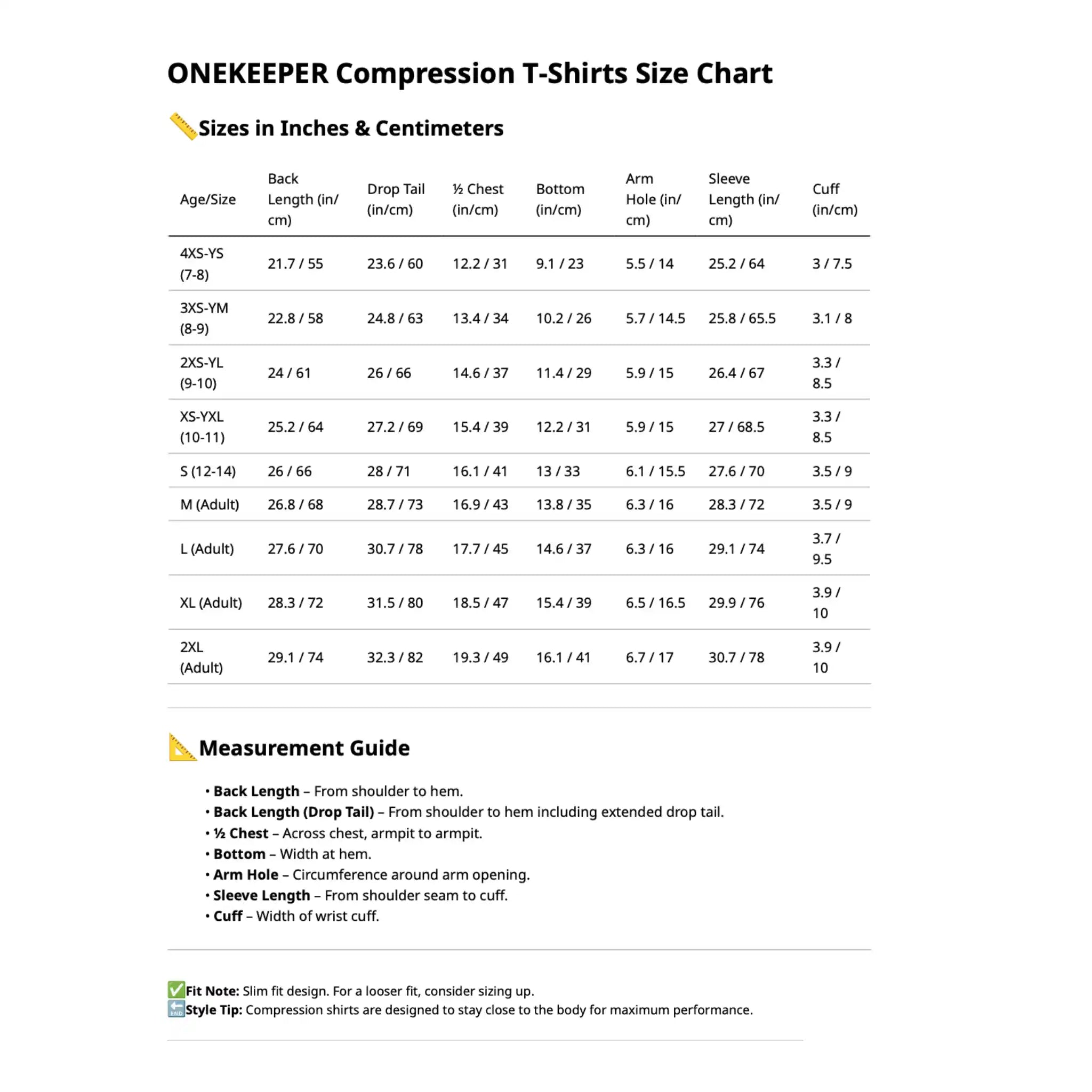 ONEKEEPER Compression T-Shirts Size Chart with measurements in inches and centimeters.