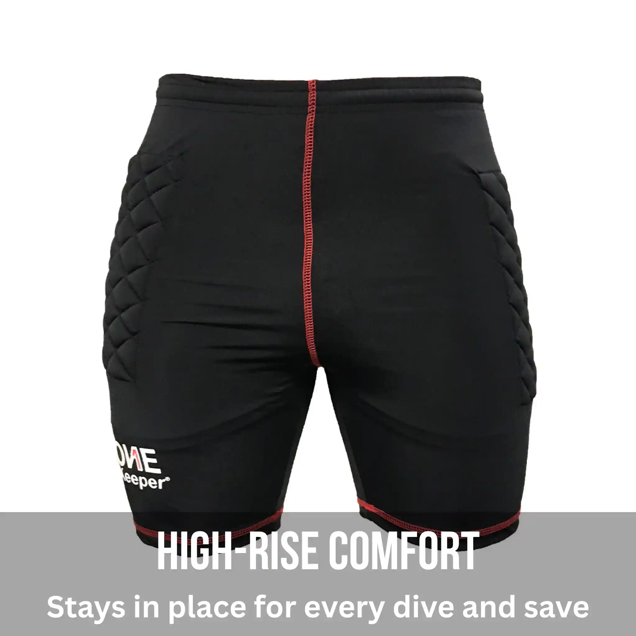 Black protective shorts with red accents on a white background