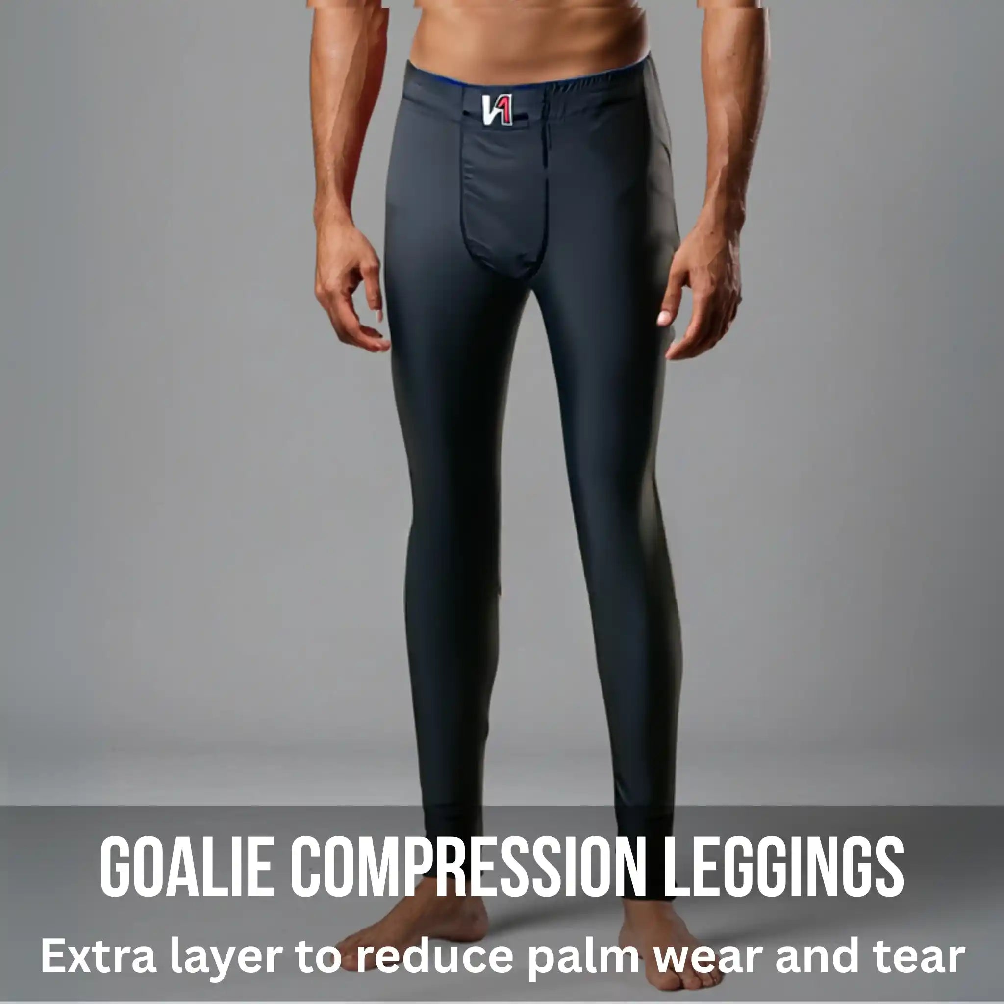 Goalie compression leggings worn by a person on a gray background
