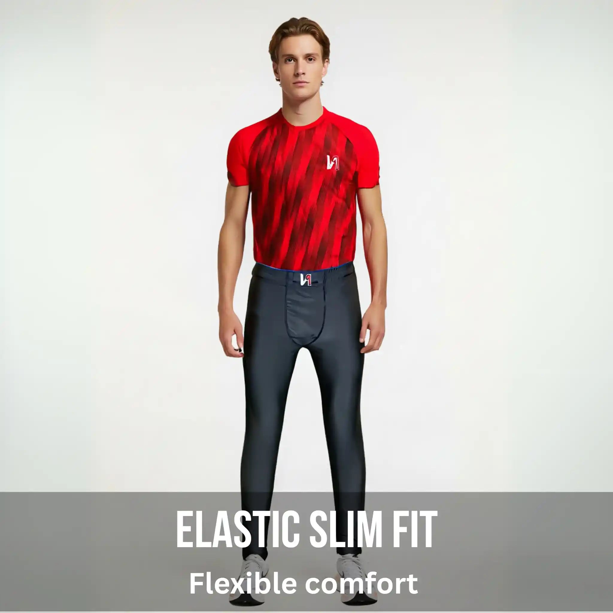 Man wearing a red athletic shirt and black leggings on a gray background with text 'Elastic Slim Fit' and 'Flexible comfort'.