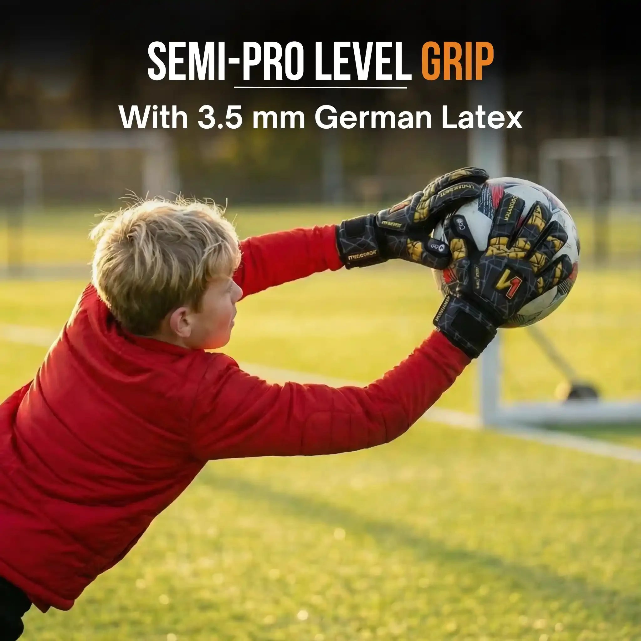 Child in red shirt and onekeeper black and gold gloves catching a soccer ball on a field with text about semi-pro level grip and German latex.