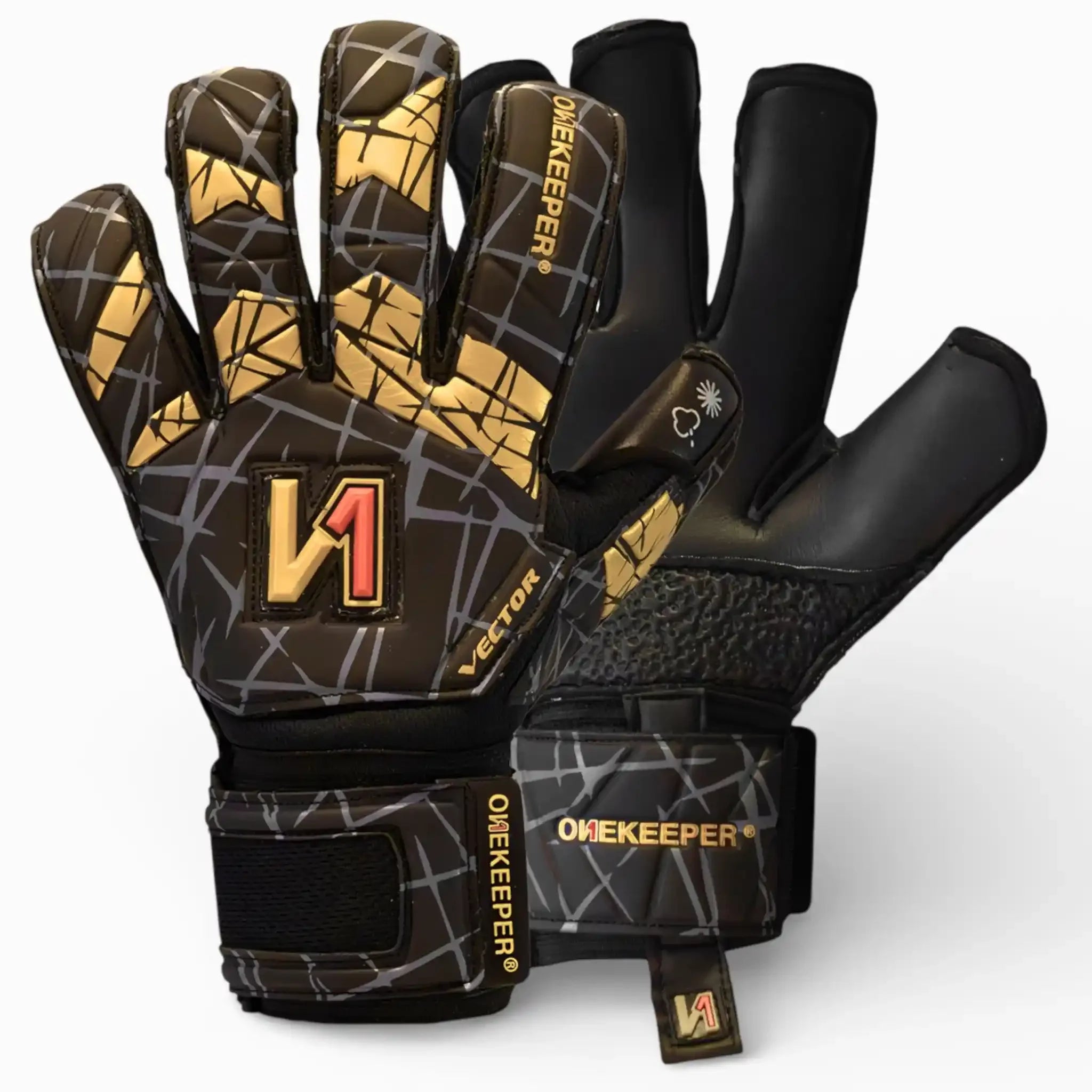 ONEKEEPER Black and gold goalkeeper gloves with 'ONEKEEPER' branding on a white background
