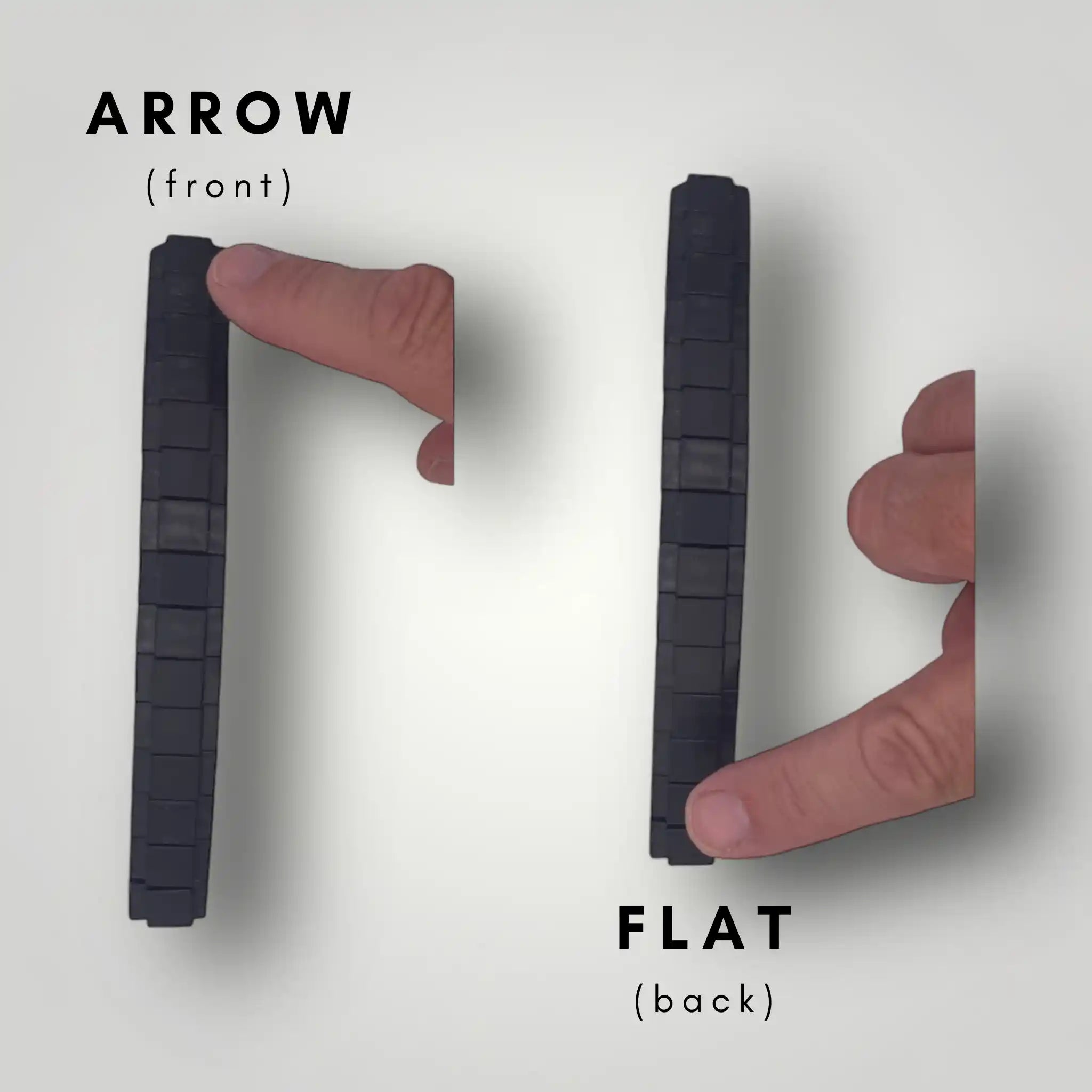 Two brake pads labeled 'Arrow' (front) and 'Flat' (back) held between fingers on a white background.