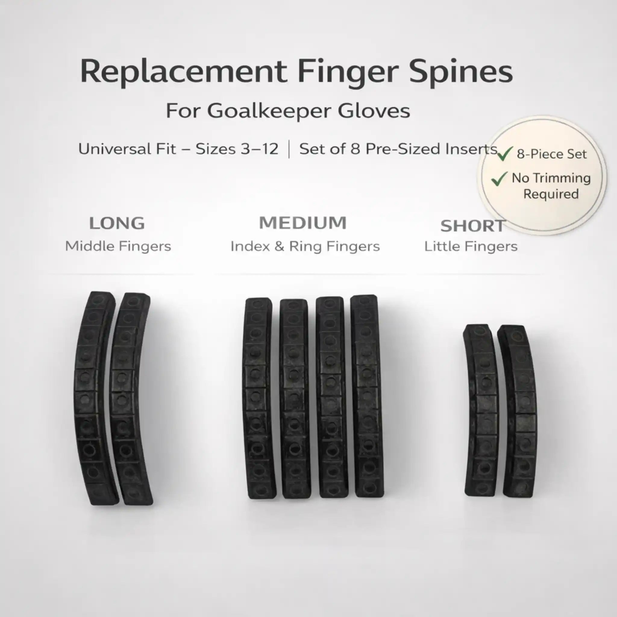 Replacement finger spines for goalkeeper gloves on a white background with text detailing product information.
