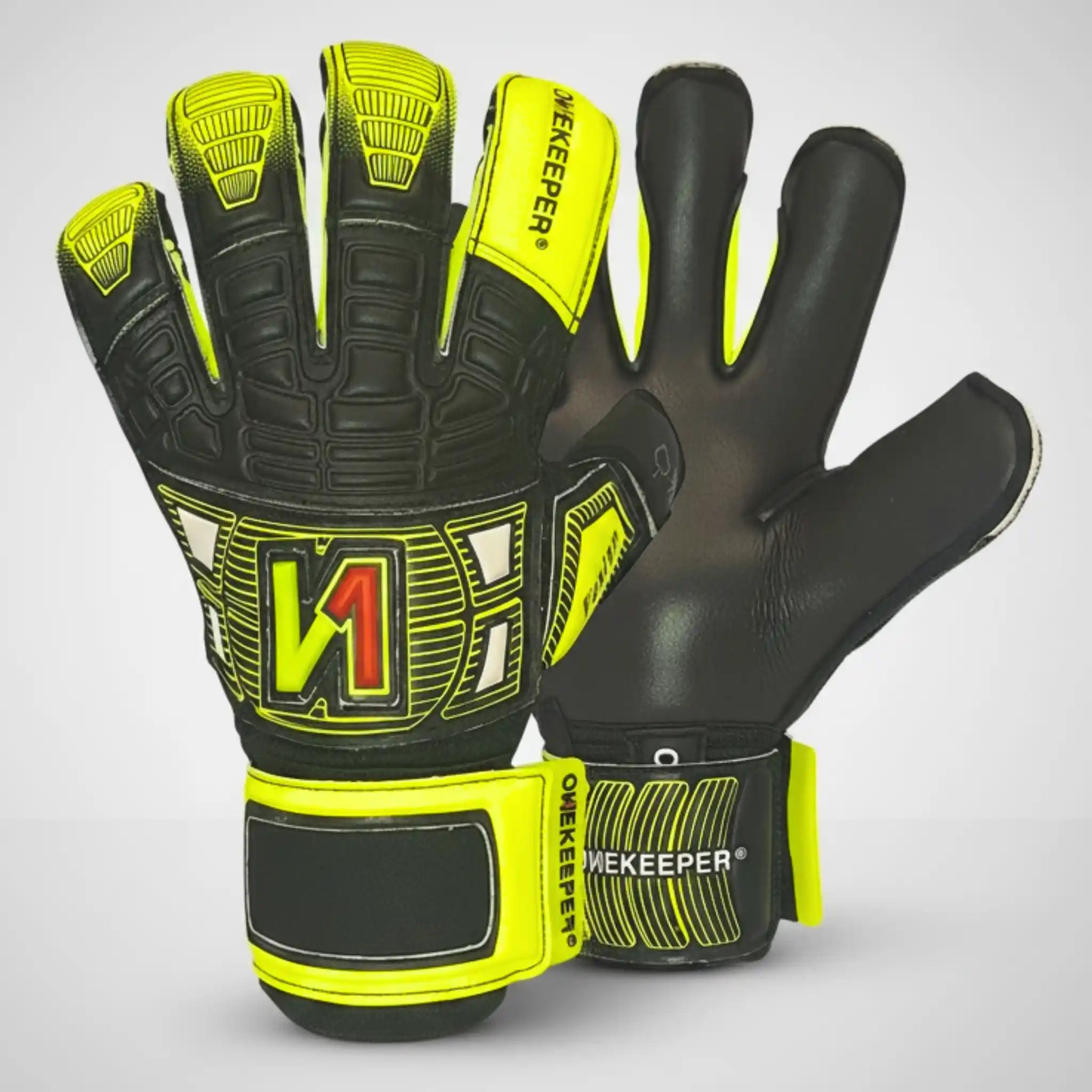 Pair of ONEKEEPER Fusion black and yellow goalkeeper gloves with 'Onekeeper' branding on a light gray background