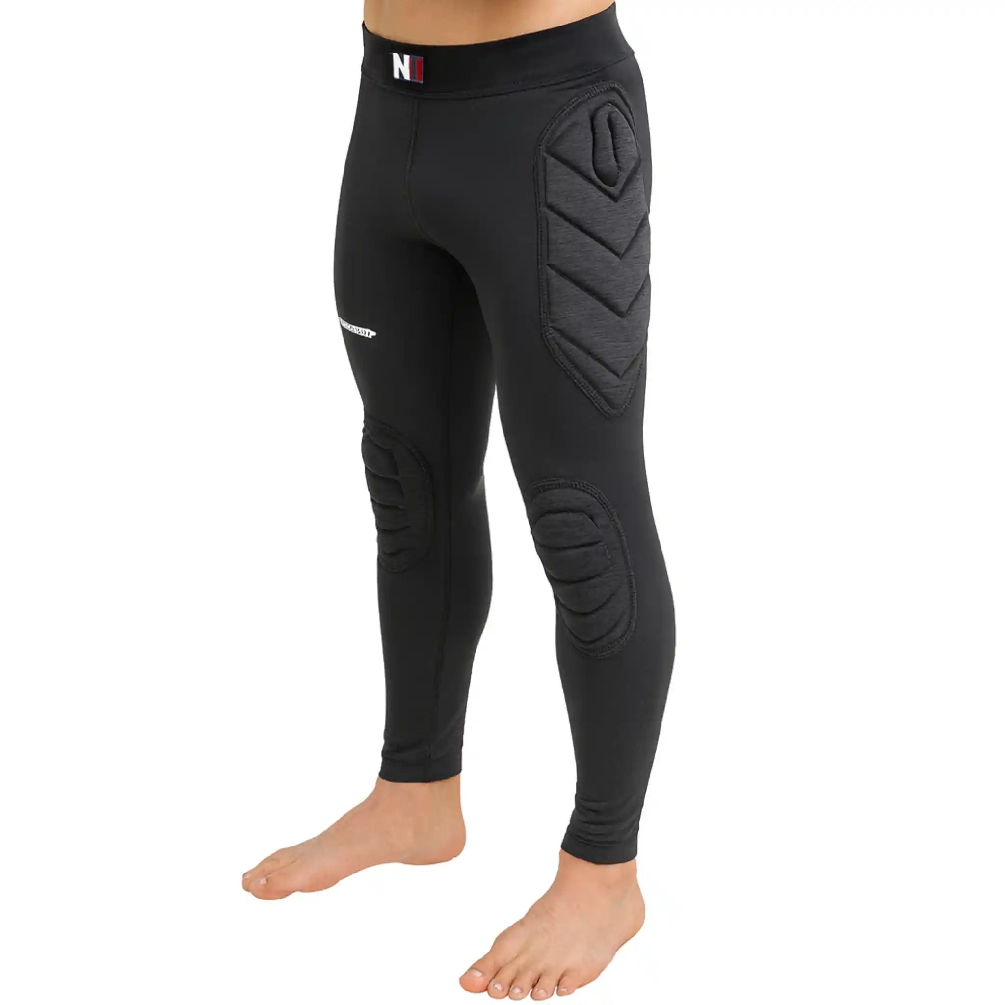 Black protective leggings with padding on a white background