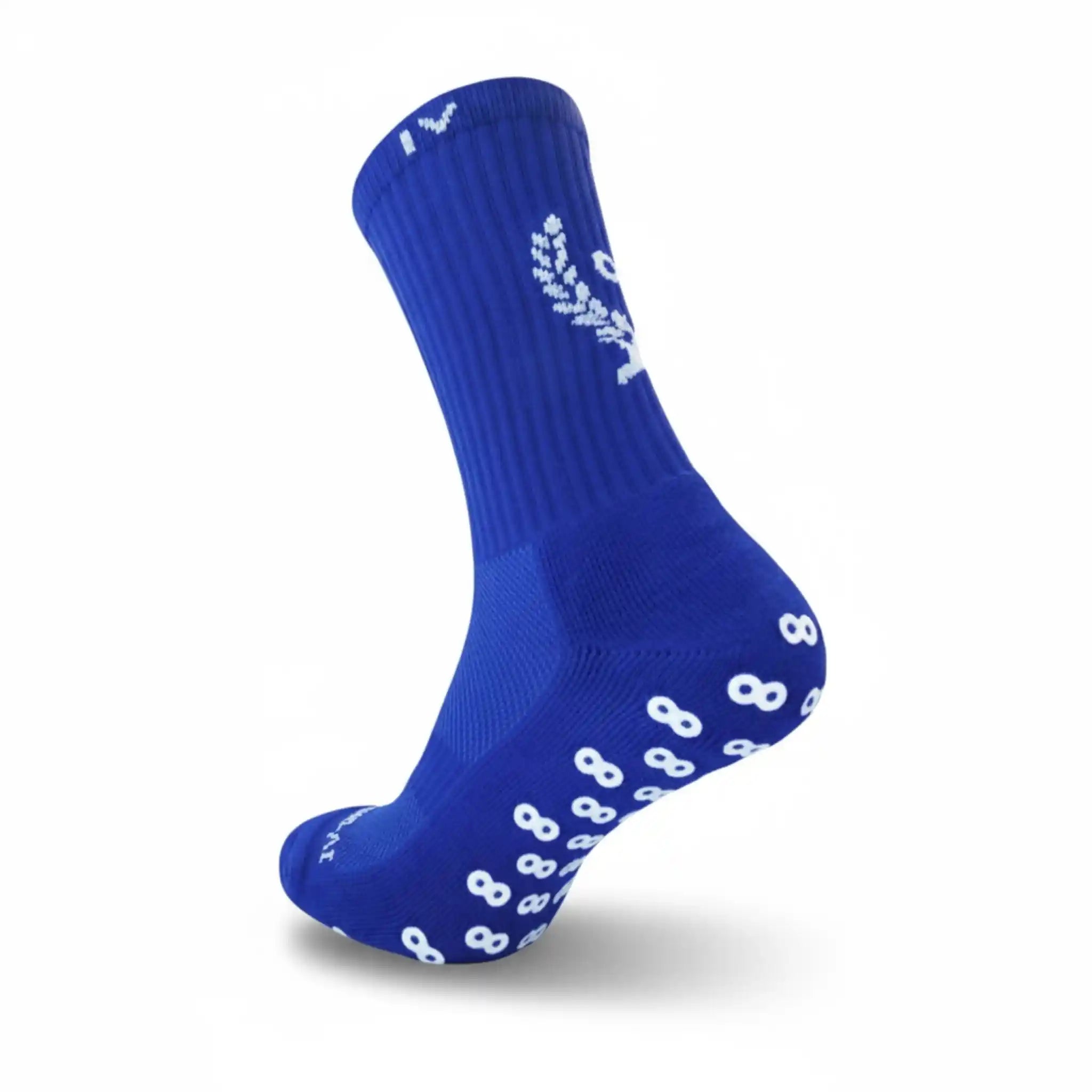 Blue grip sock with white patterns on a white background