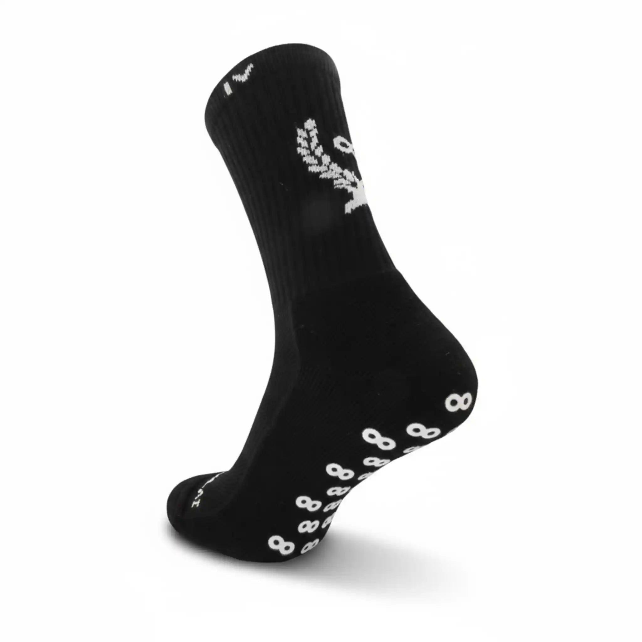 Black grip sock with white patterns on a white background
