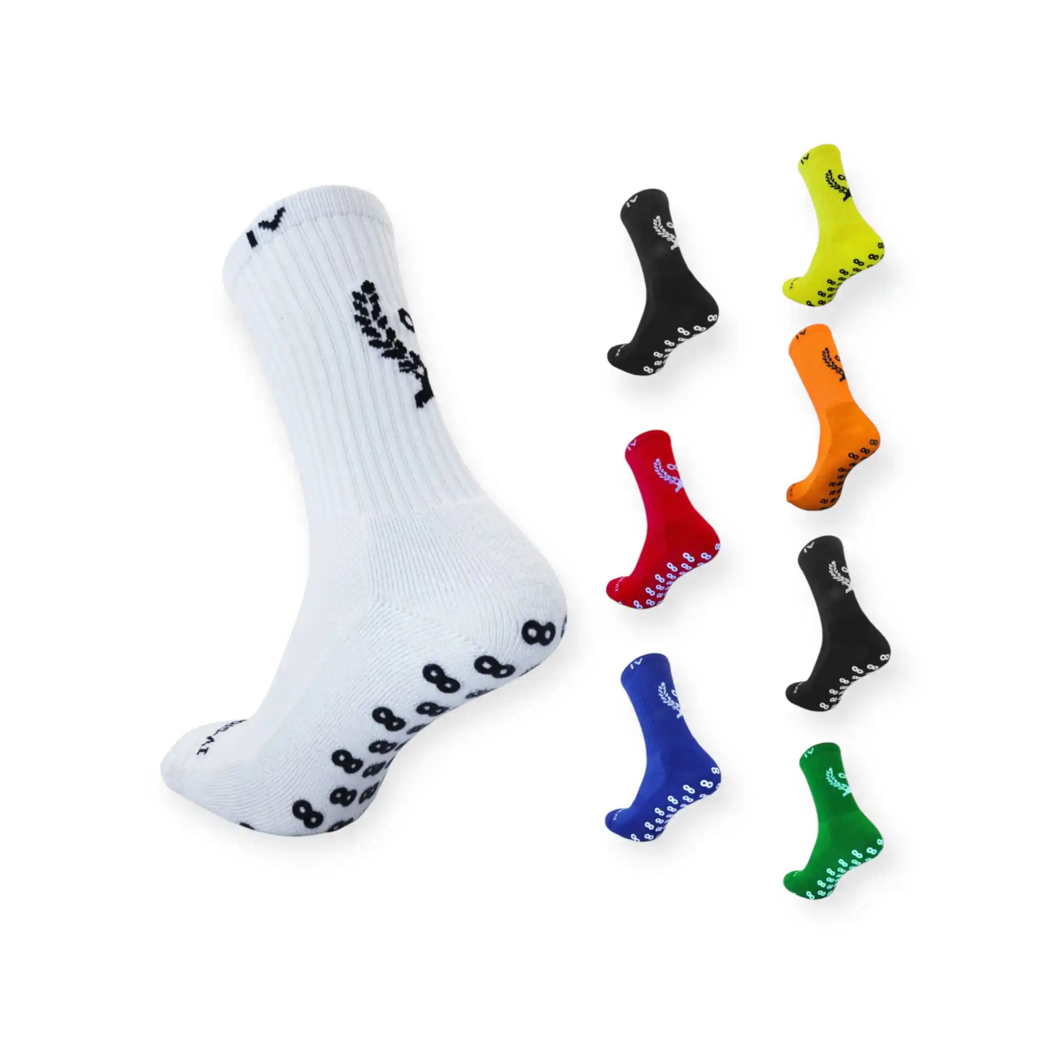 White Grip sock with black patterns on a white background, surrounded by colorful grip socks.