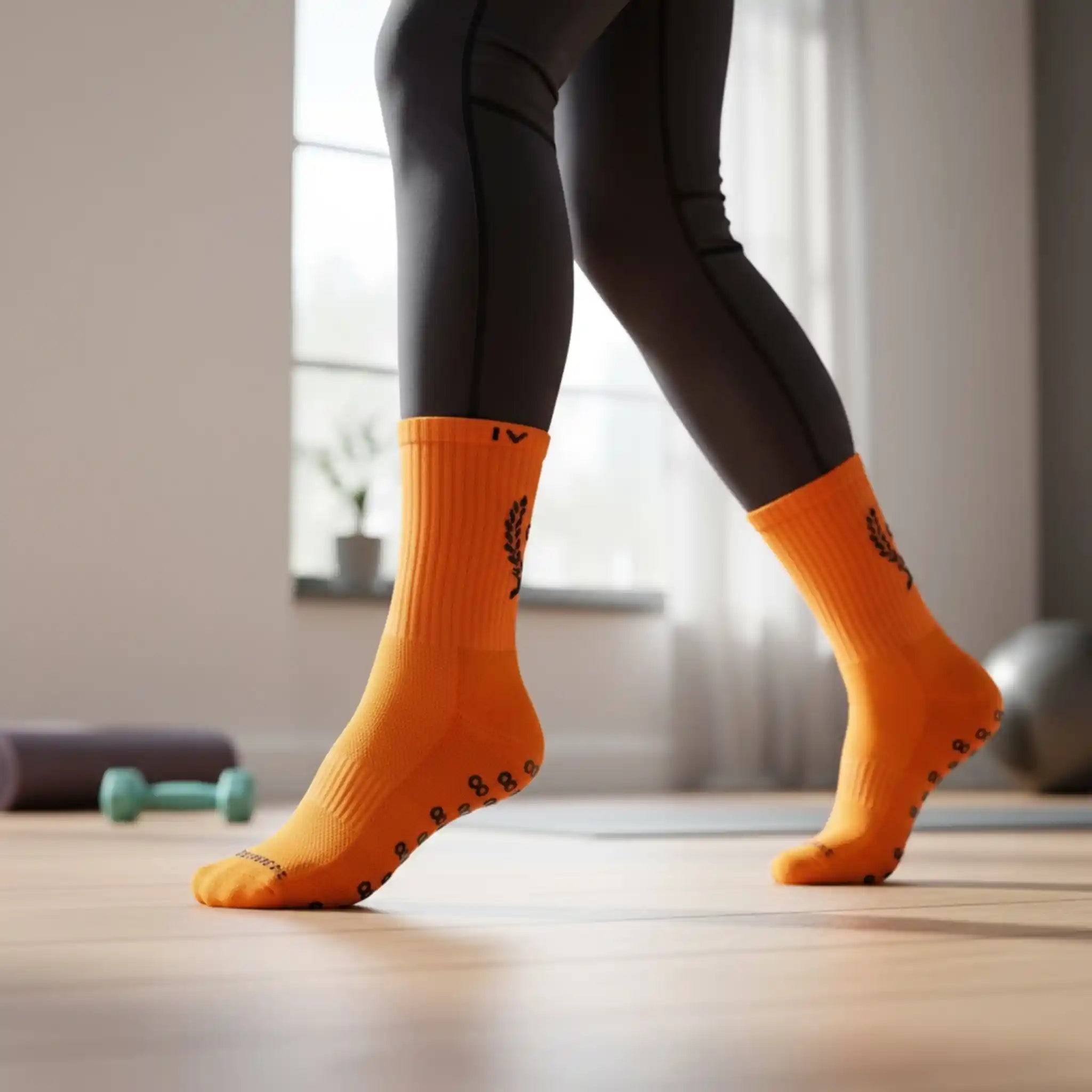 Person wearing orange grip socks with black paw prints in a home setting.