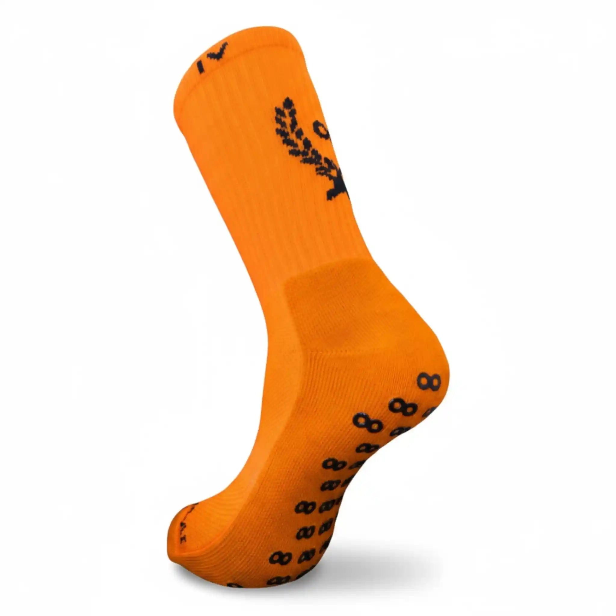 Orange grip sock with black patterns on a white background