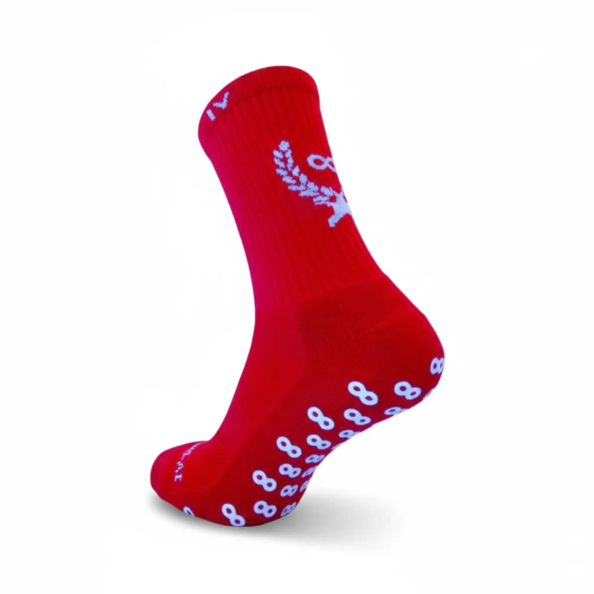 Red grip sock with white patterns on a white background