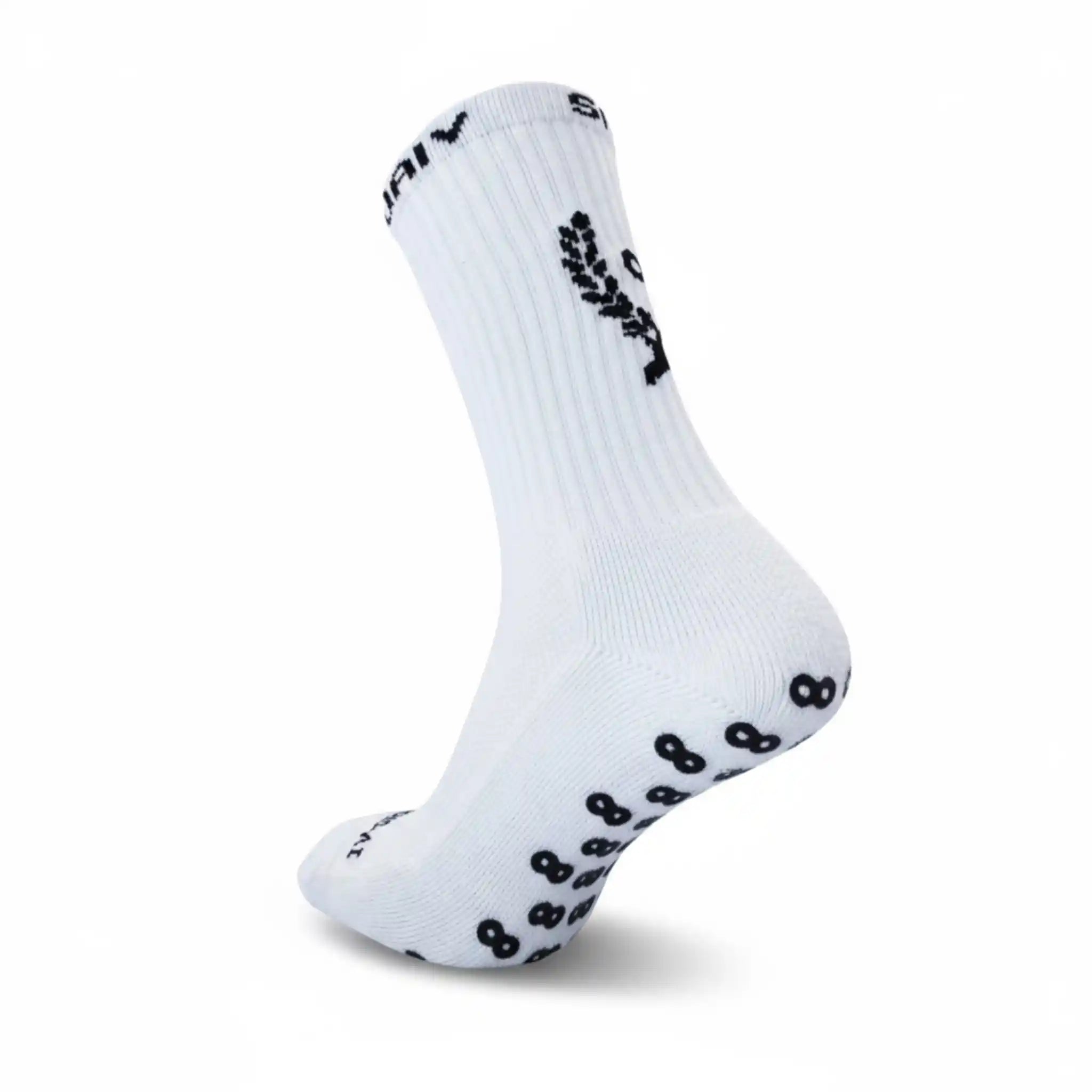 White grip sock with black pattern on a white background