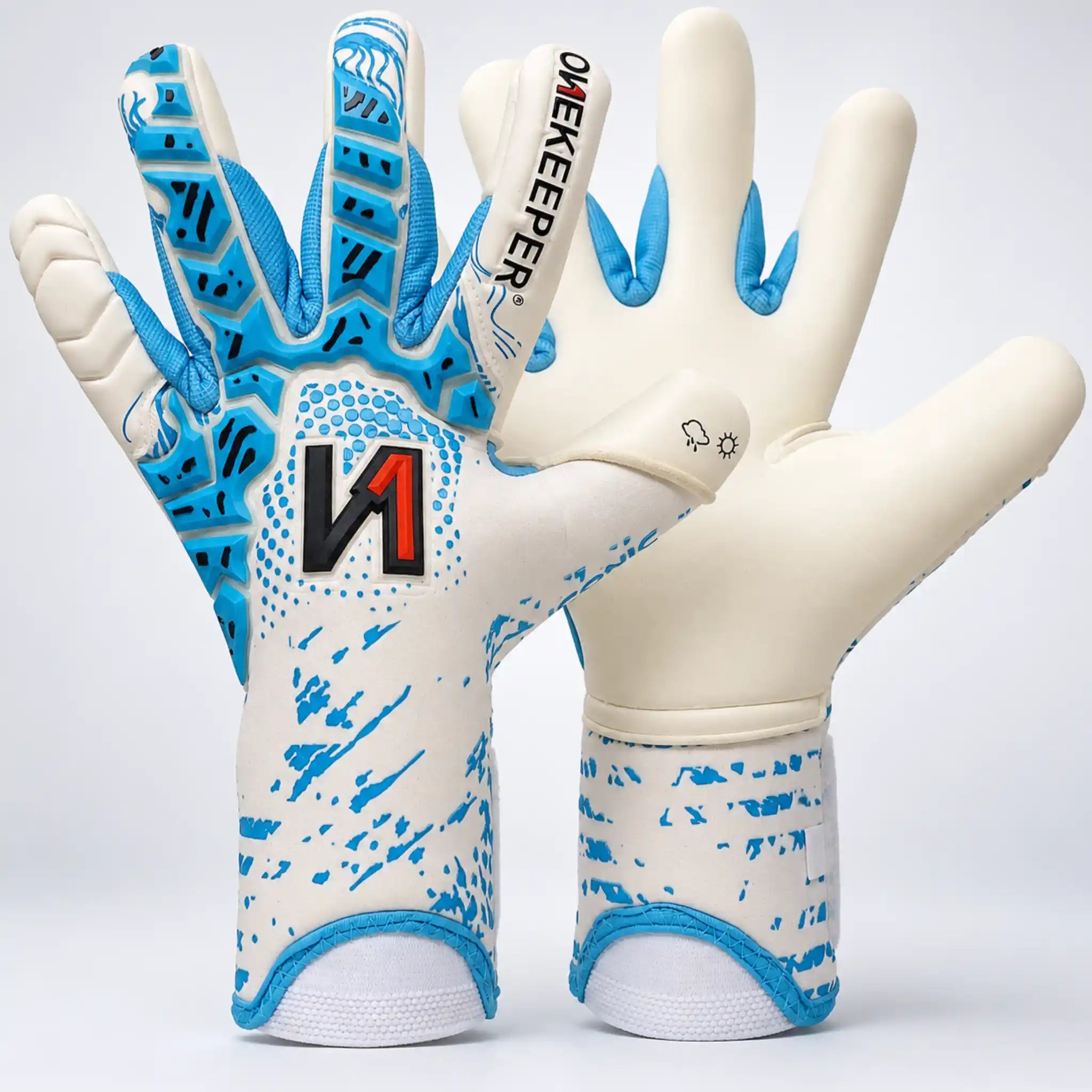 Pair of onekeeper iconic goalkeeper gloves with blue and white design on a white background
