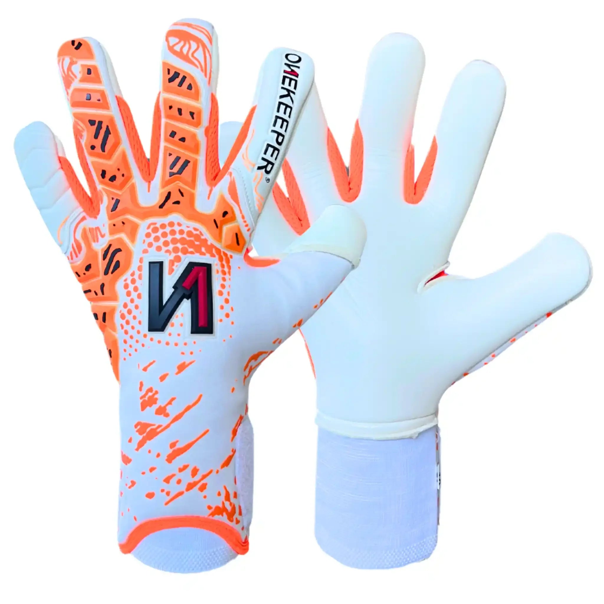 ONEKEEPER USA premium goalkeeper gloves with orange accents and elite grip design