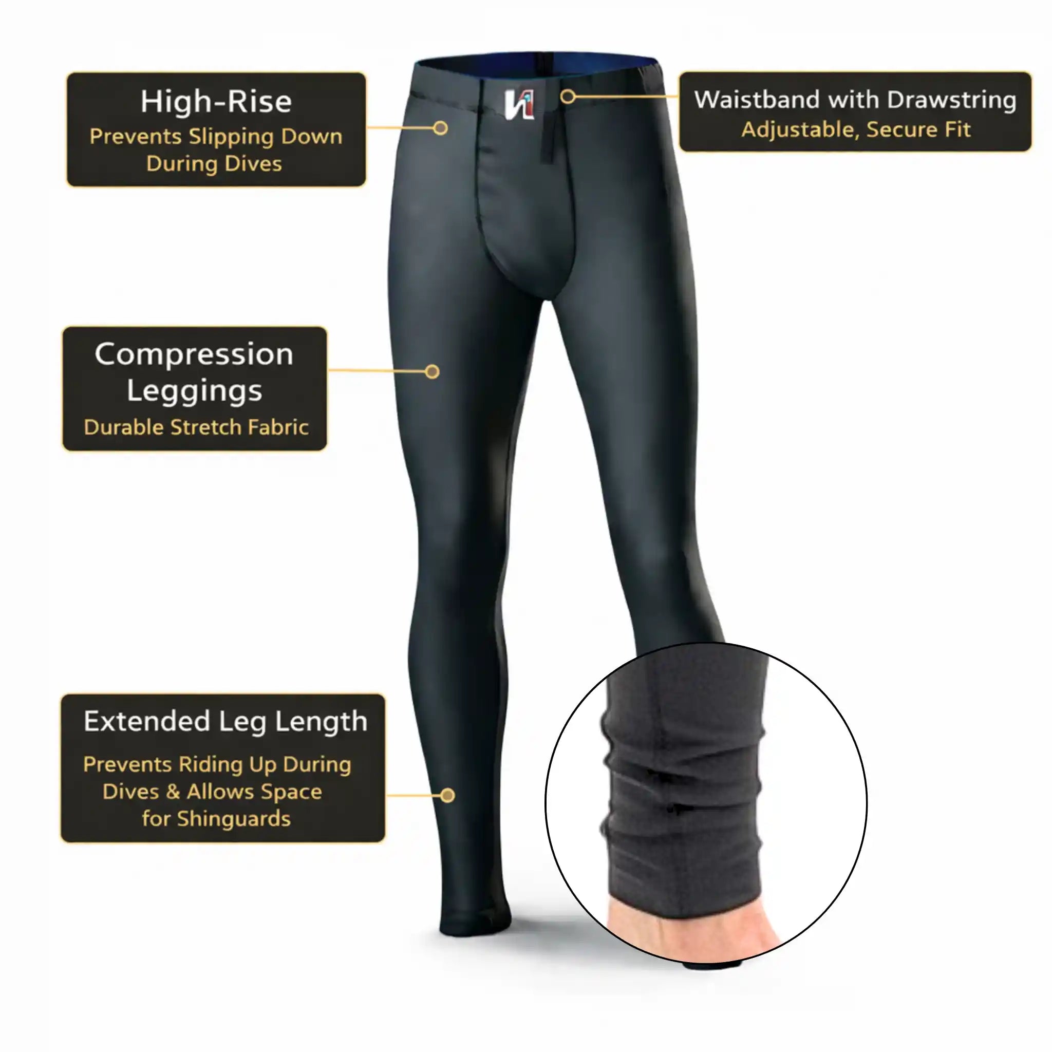 ONEKEEPER Black compression leggings with features highlighted on a white background