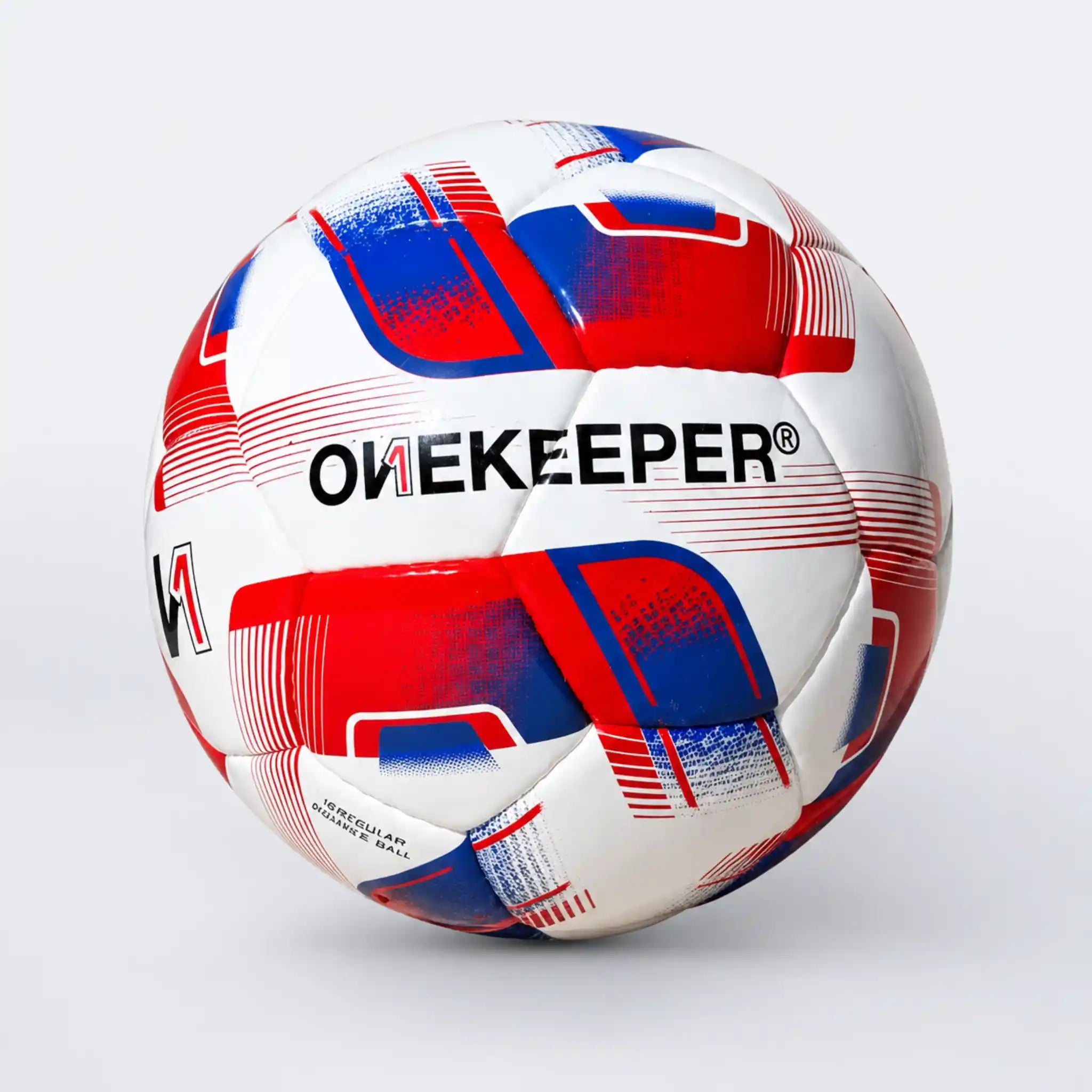 A onekeeper irregular white soccer ball with red and blue graphic patterns and the brand name 'ONEKEEPER' printed in black across the center, shown on a light gray background.