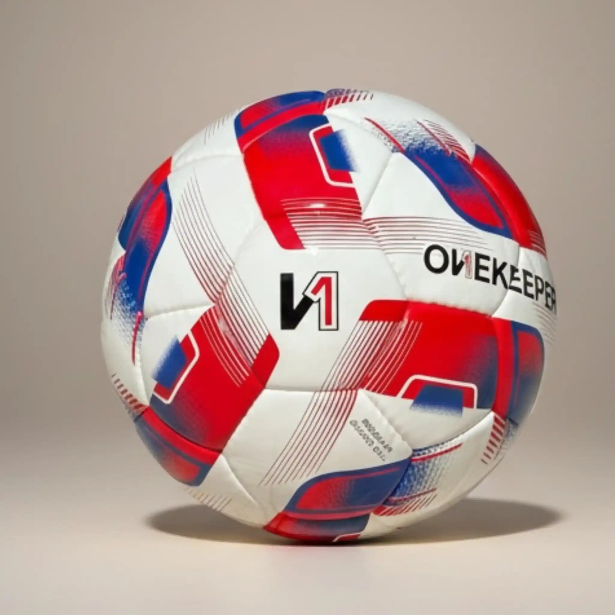 Red, white, and blue onekeeper irregular soccer ball with 'ONEKEEPER' branding on a beige background