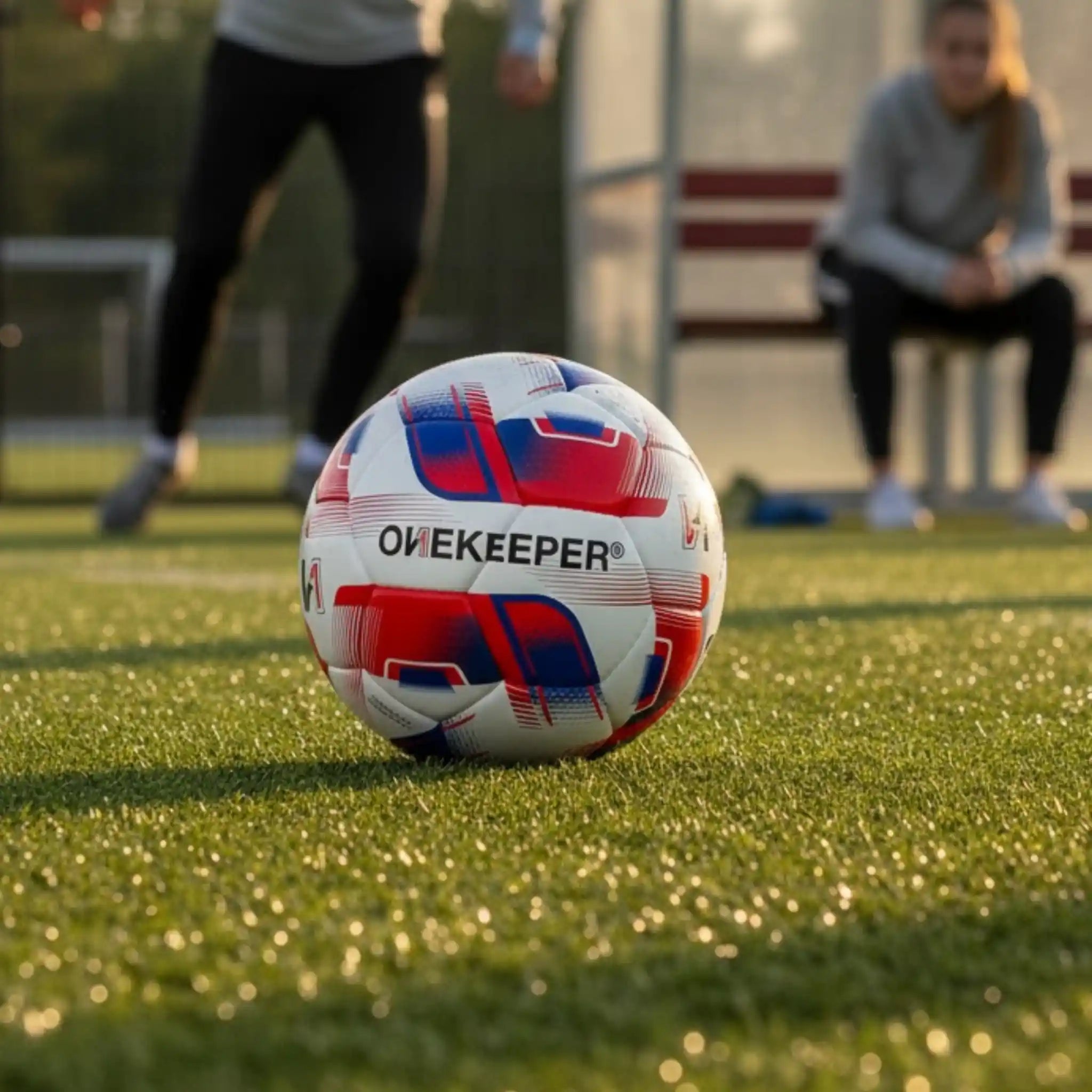 Owiekeeper irregular soccer ball on a grass field with people in the background