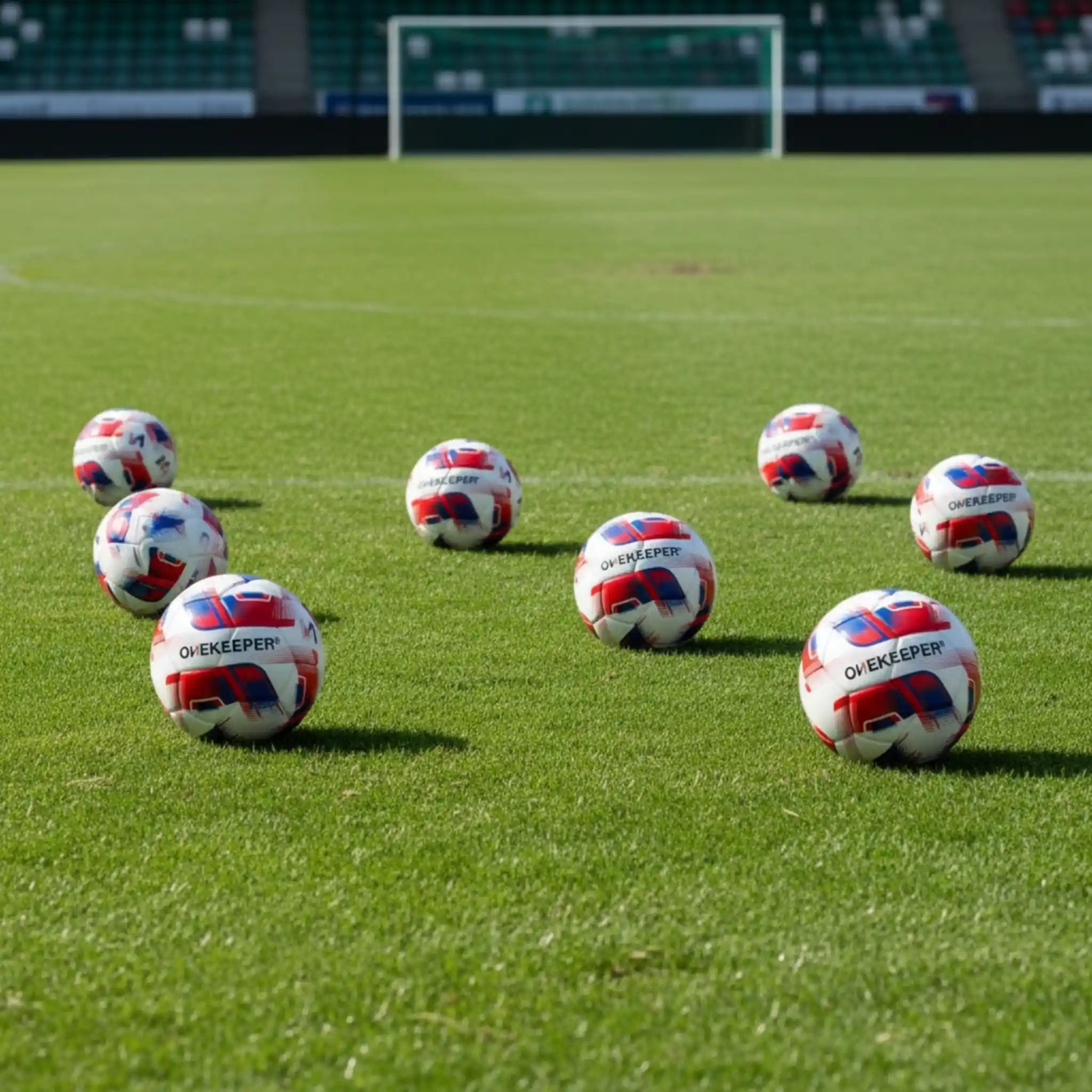 Multiple soccer balls on a grass field with a goalpost in the background