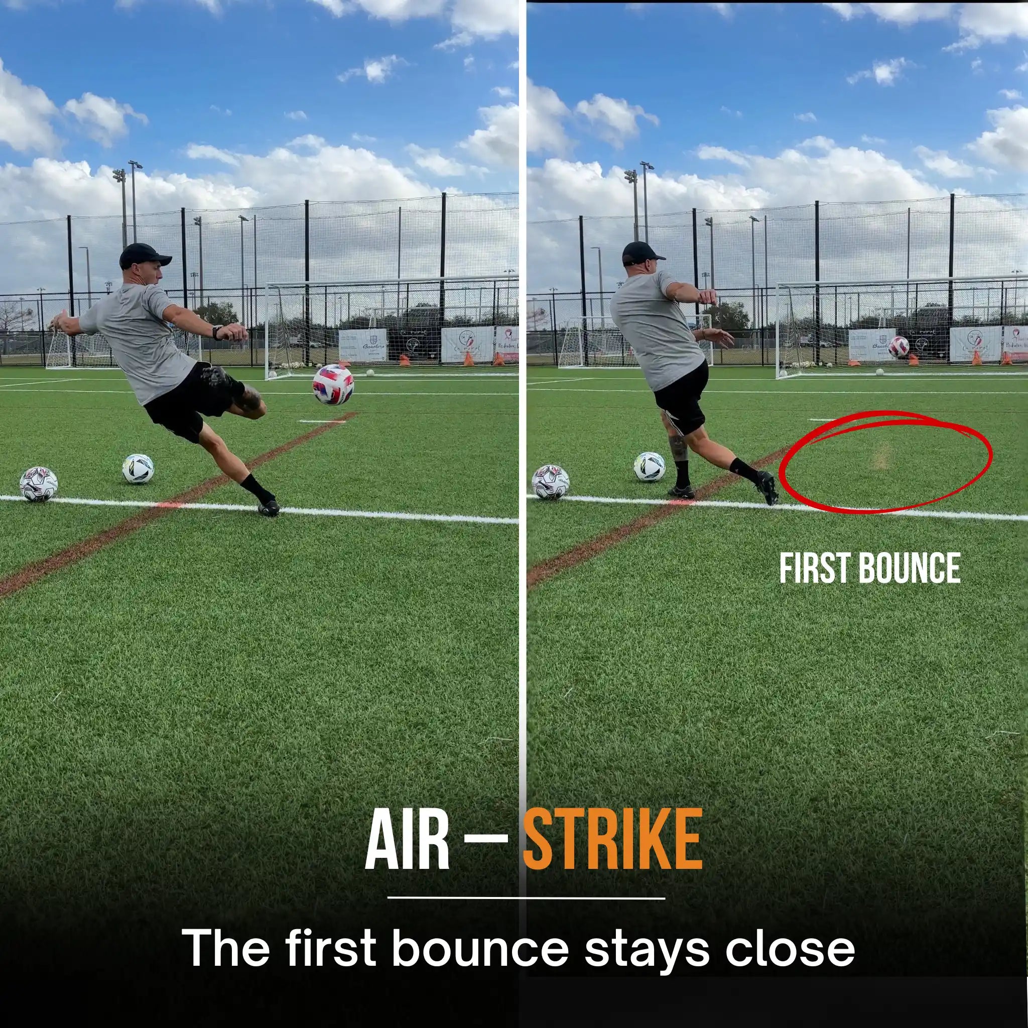 Two split-screen images of a soccer player kicking a ball on a field with text indicating the first bounce.