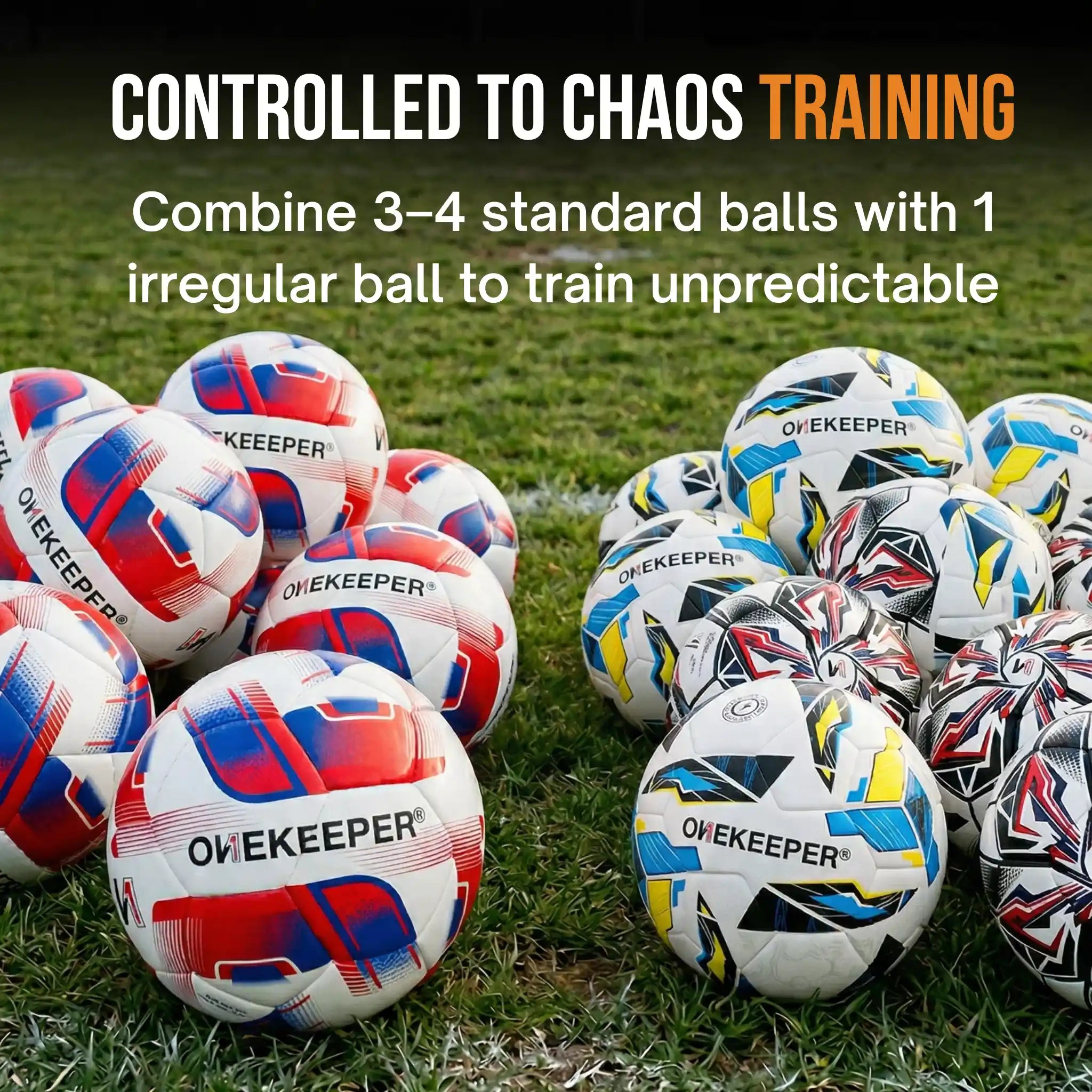 Multiple soccer balls with 'ONEKEEPER' branding on a grass field, with text about training methods.