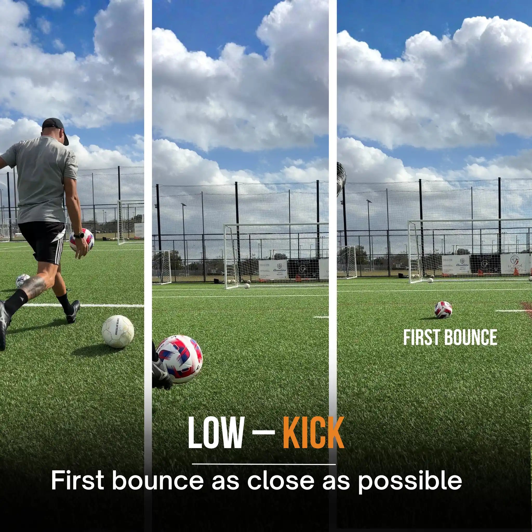 Soccer player practicing low kicks on a sports field with a clear sky.