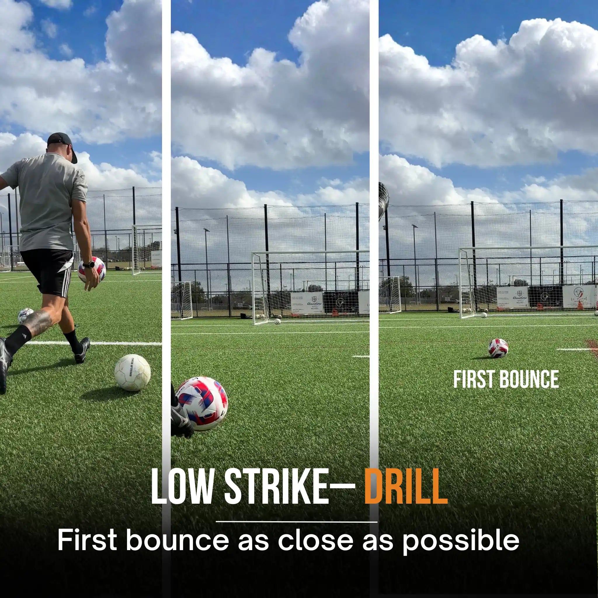 Soccer player practicing a drill on a sports field with text overlay.