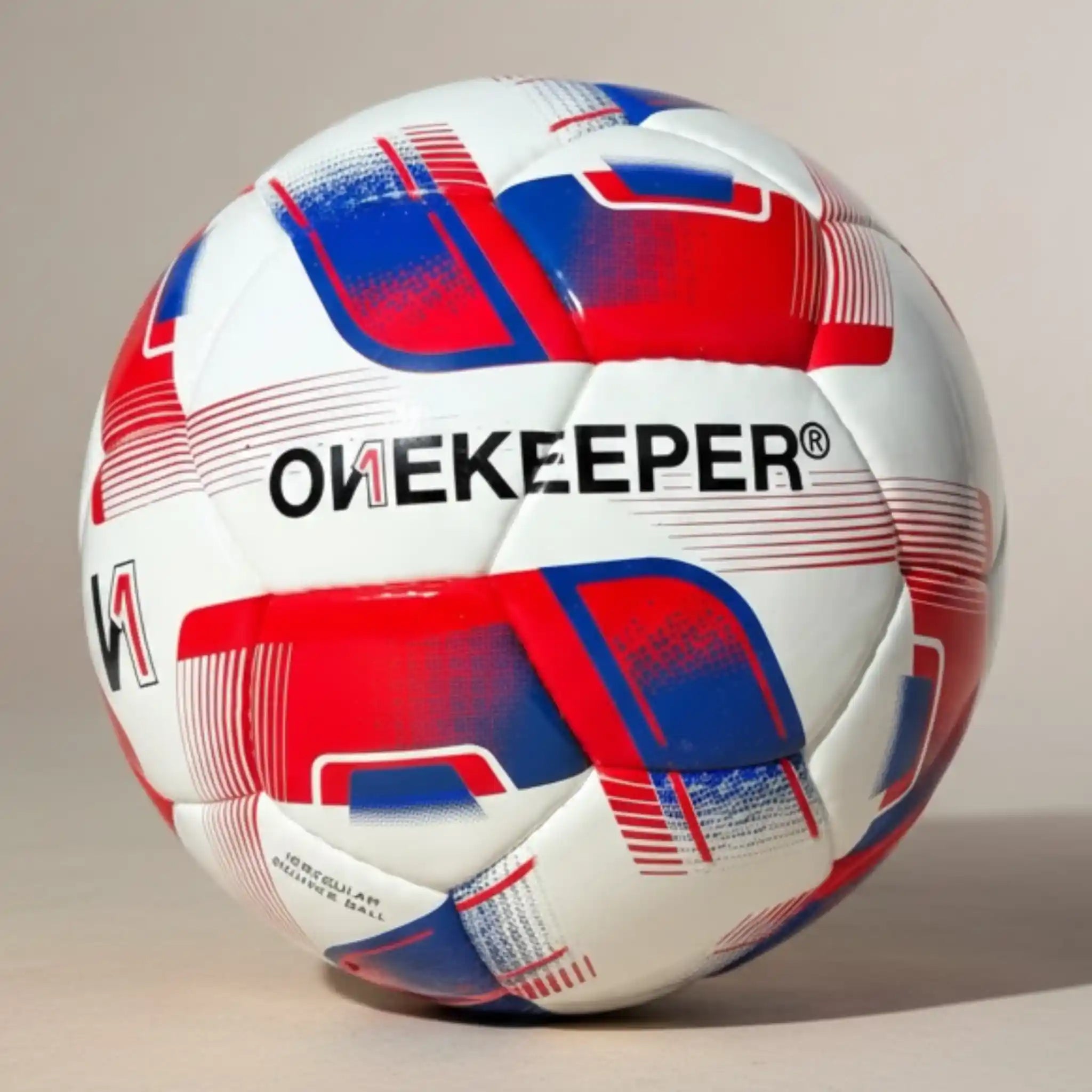 onekeeper irregular ball with red and blue patterns on a beige background, featuring the Onekeeper brand.